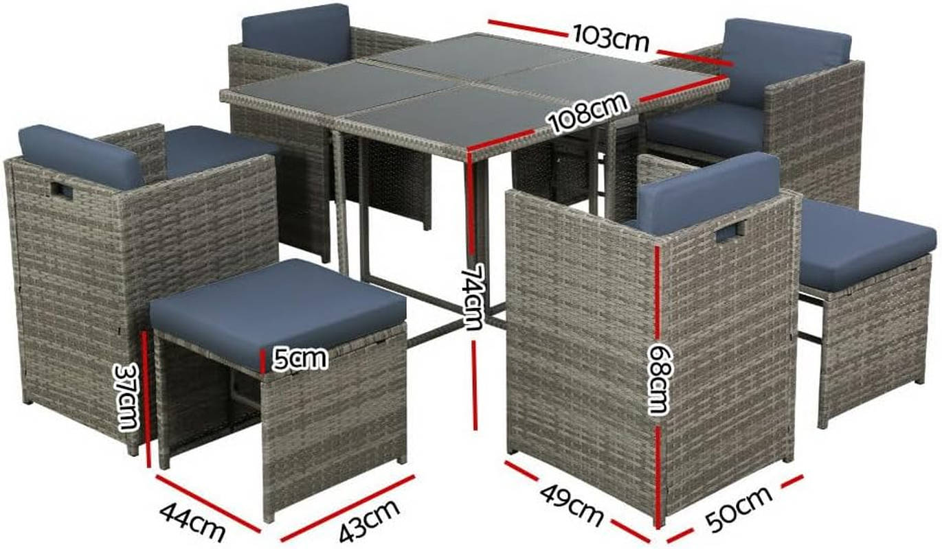Gardeon Outdoor Dining Set 9Pcs Rattan Wicker Lounge Setting Table and Chairs, Patio Conversation Sets Furniture Garden Backyard, Weather-Resistant Cushions Storage Cover Grey with Ottoman - 13Pcs Hayman - Black image number 5