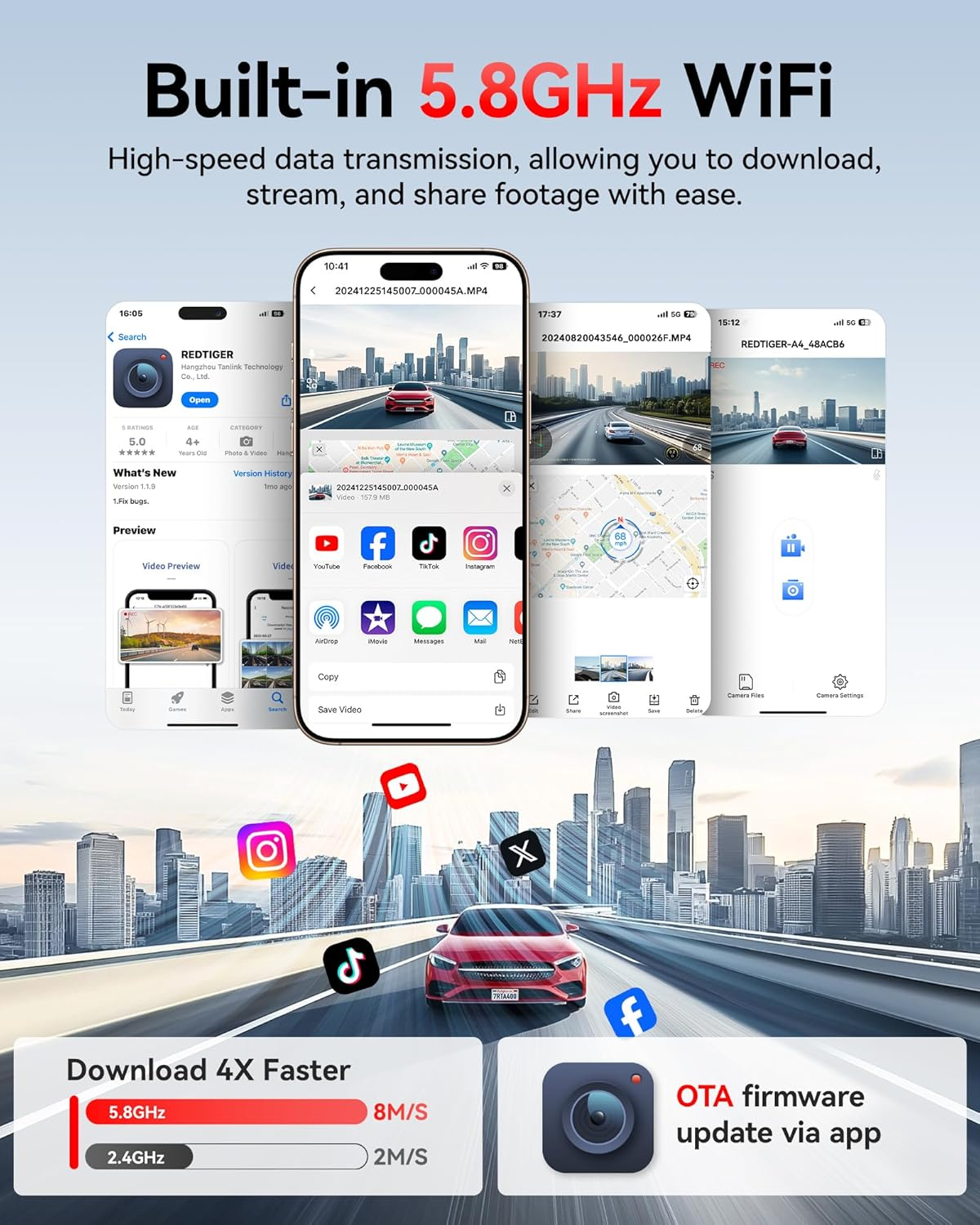REDTIGER A4 Dash Cam Front and Rear Built-In 5Ghz Wifi, 4K+1080P Dual Dash Camera for Cars with 64GB Card, 2.2" Touch Screen Dashcam, Voice Control, 24H Parking Mode, Night Vision, Support Max 256GB image number 6