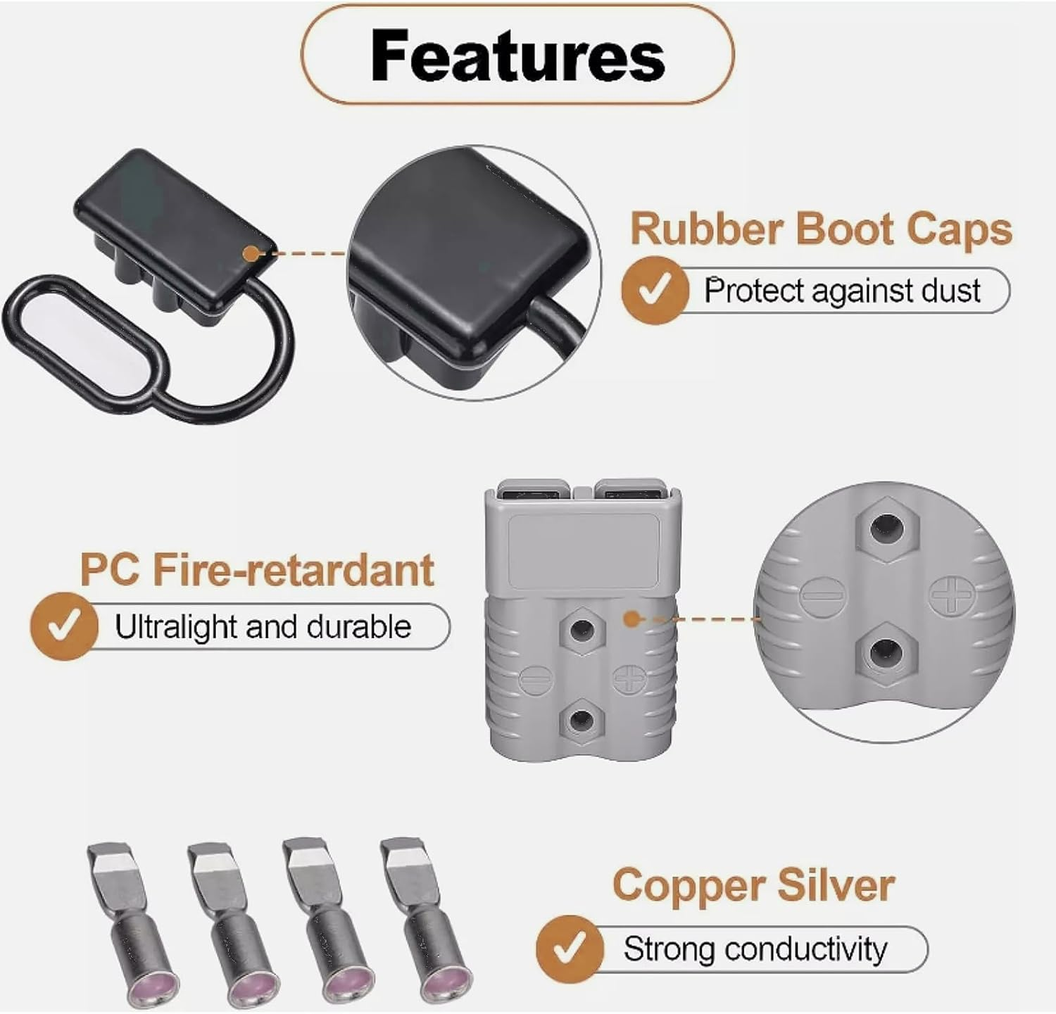 4 Pcs 50AMP Anderson Style Connector Battery Quick Connect/Disconnect with 2PCS Handle, Jumper Cable Plug Connector Kit for Recovery Winch, Towing Systems(Grey) image number 6