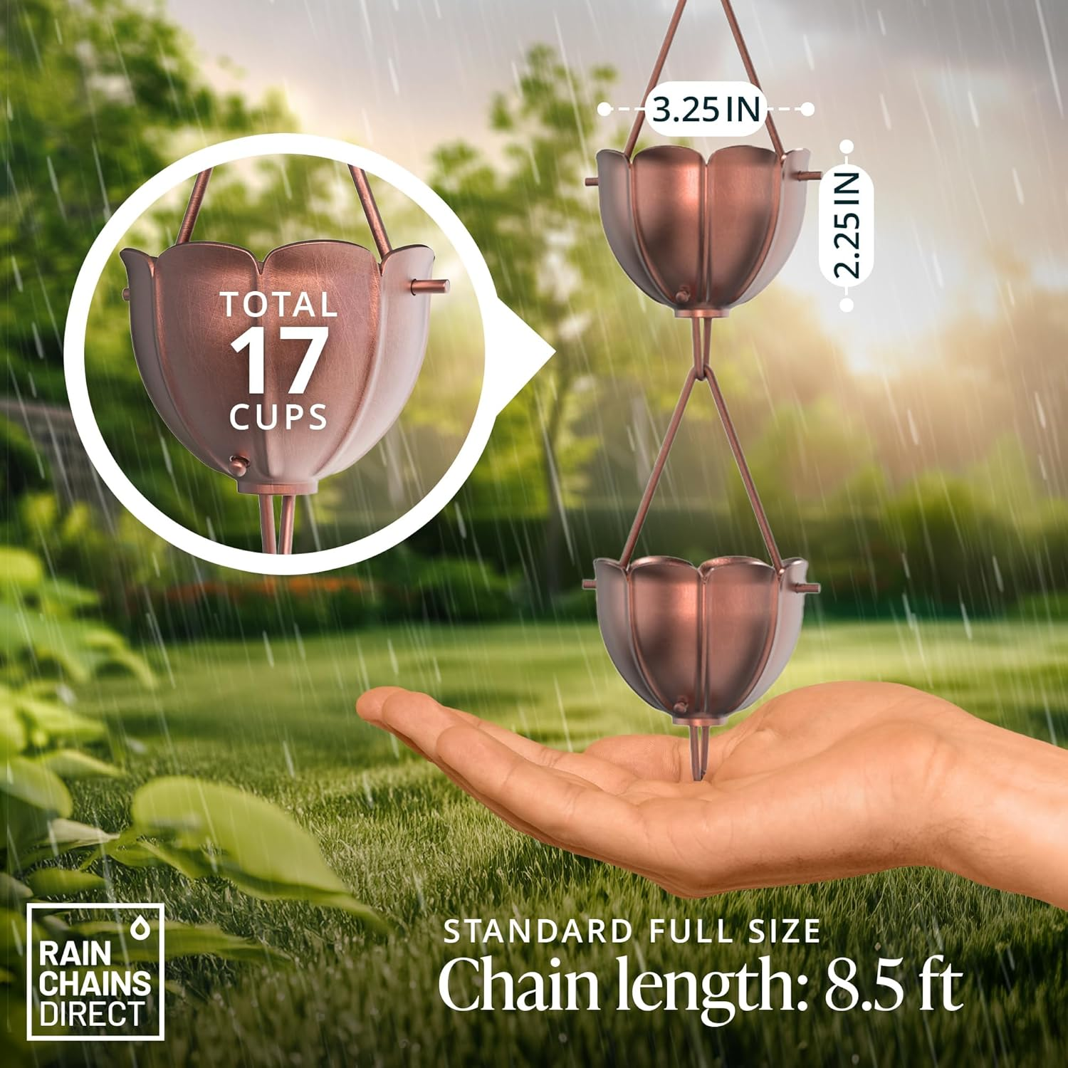 Rain Chains Direct Rain Chain - Rain Chains for Gutters - Orchid, 8.5 Feet, 100% Pure Copper, Rain Chains for Downspouts image number 3