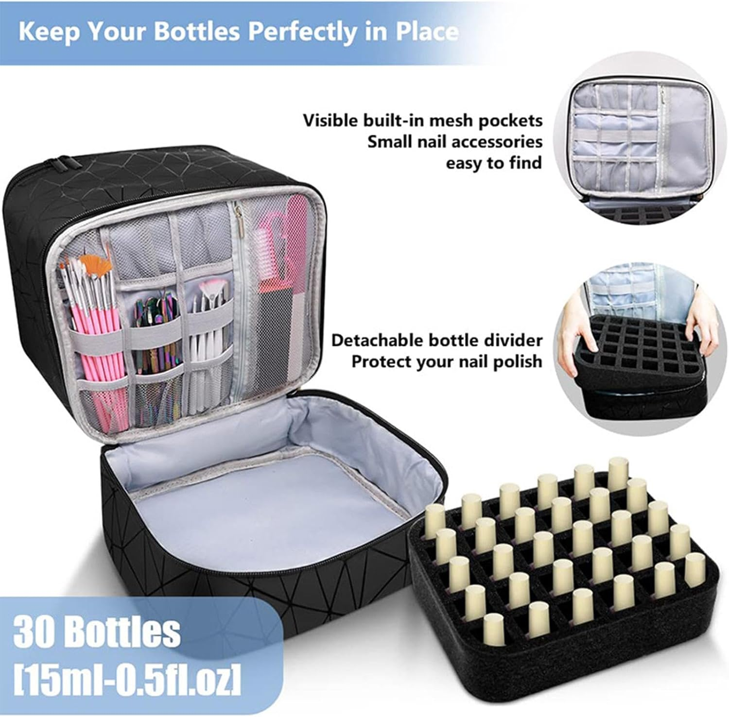 Nail Polish Organizer Case, Double Layer Design Nail Polish Holder Carrying Case, Nail Polish Storage Bag, Holds 30 Bottles Nail Box Organizer Case for Nail Tech and Manicure Tools, Black, Refer To