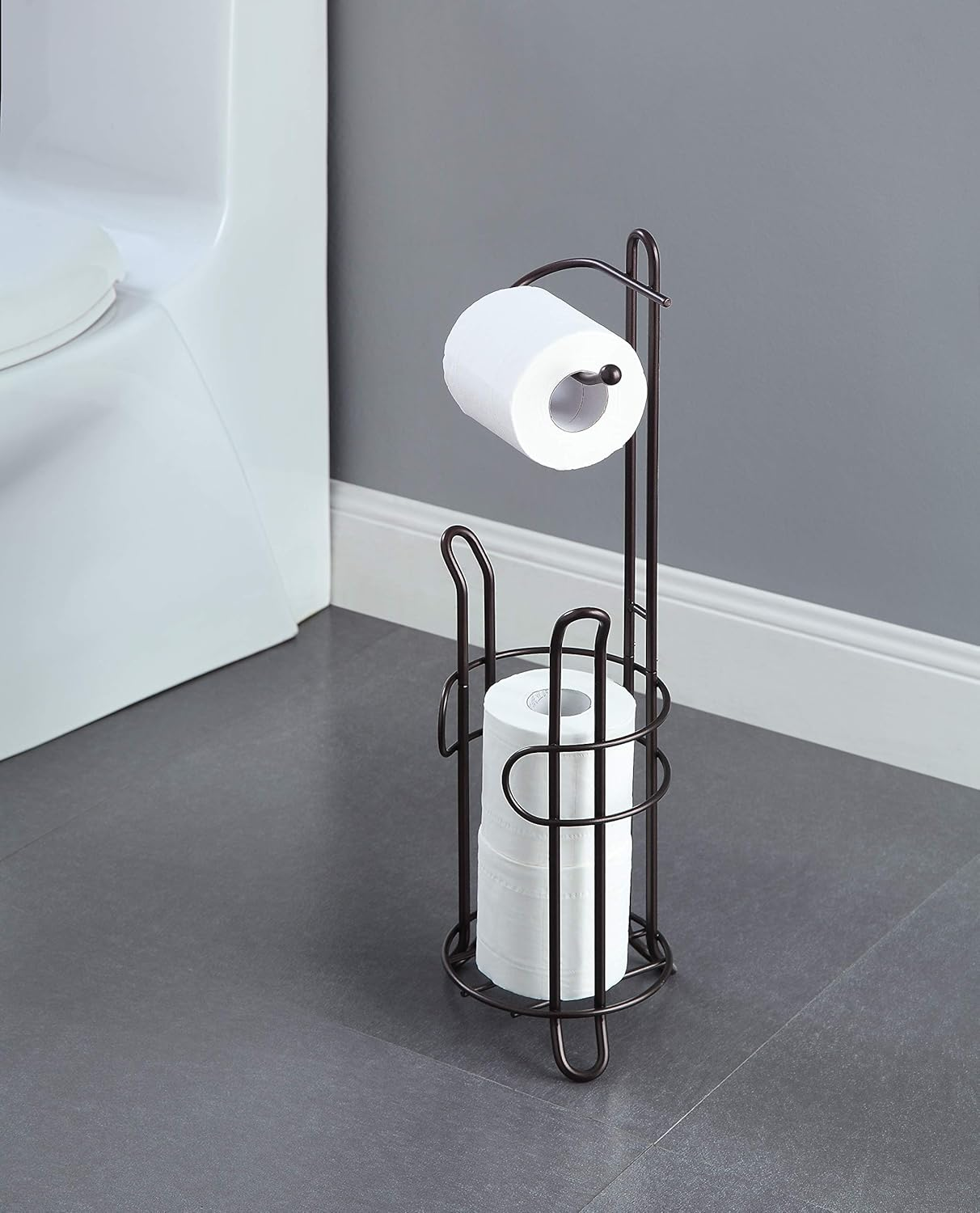 Sunnypoint Bathroom Toilet Tissue Paper Roll Storage Holder Stand with Reserve, the Reserve Area Has Enough Space to Store Mega Rolls; Coating Bronze image number 3