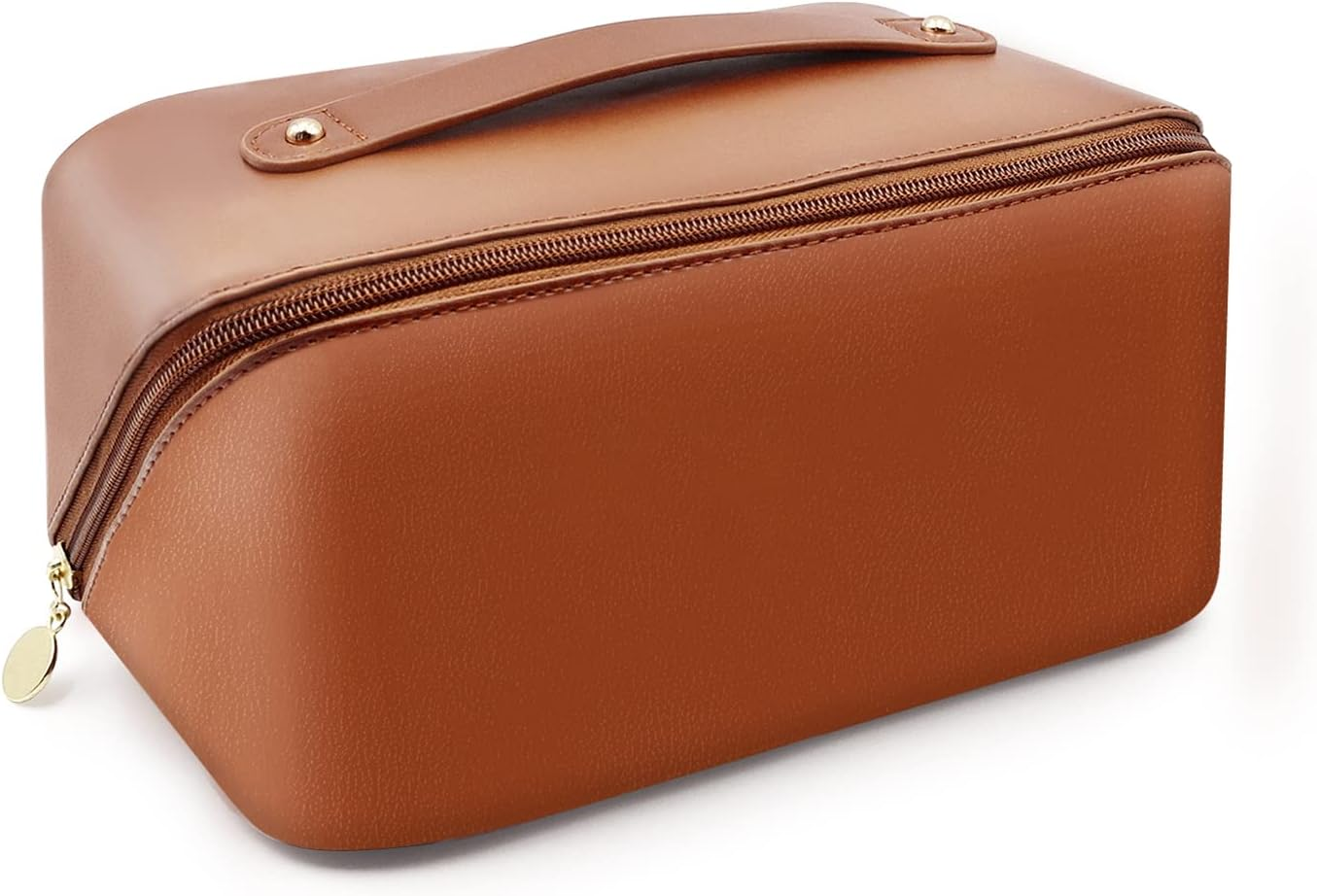 Cosmetic Bag, Large Capacity Travel Makeup Bag, PU Waterproof Storage Cosmetic Bag, Women Portable Travel Makeup Bag with Handle and Divider Flat Lay Makeup Organizer Bag (Brown) image number 5