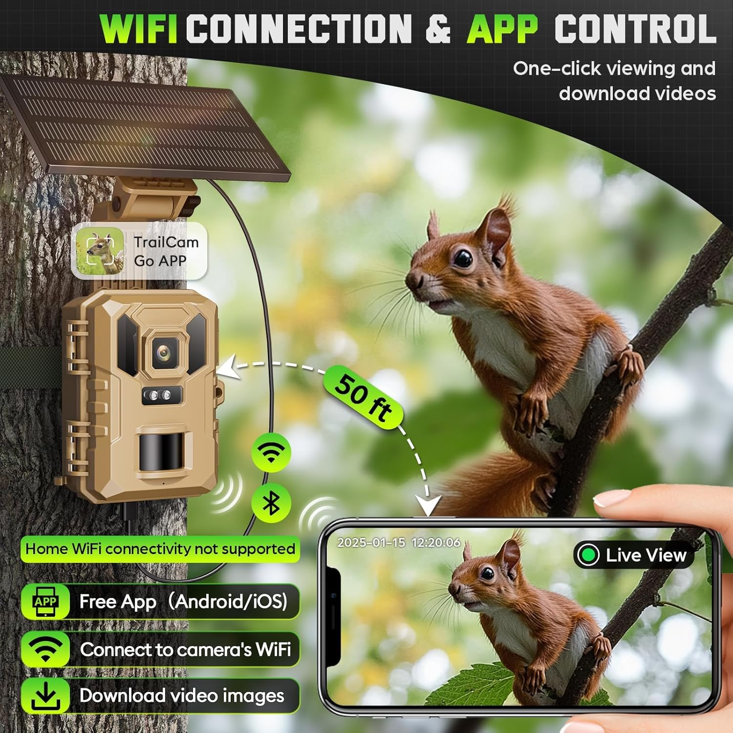 Trail Camera 4K 64MP, Wifi Game Camera with Night Vision, 32GB SD Card, Solar Power, 0.2S Trigger Speed, IP66 Waterproof image number 2
