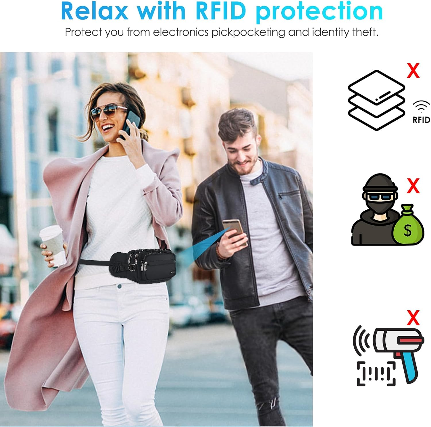 AGPTEK Fanny Pack for Women Men, RFID Large Capacity Waist Wallet Bag, Adjustable & Waterproof Bum Belt Pouch for Travel, Running, Shopping, Hiking, Dog Walking, Cycling, Climbing (Black) image number 5