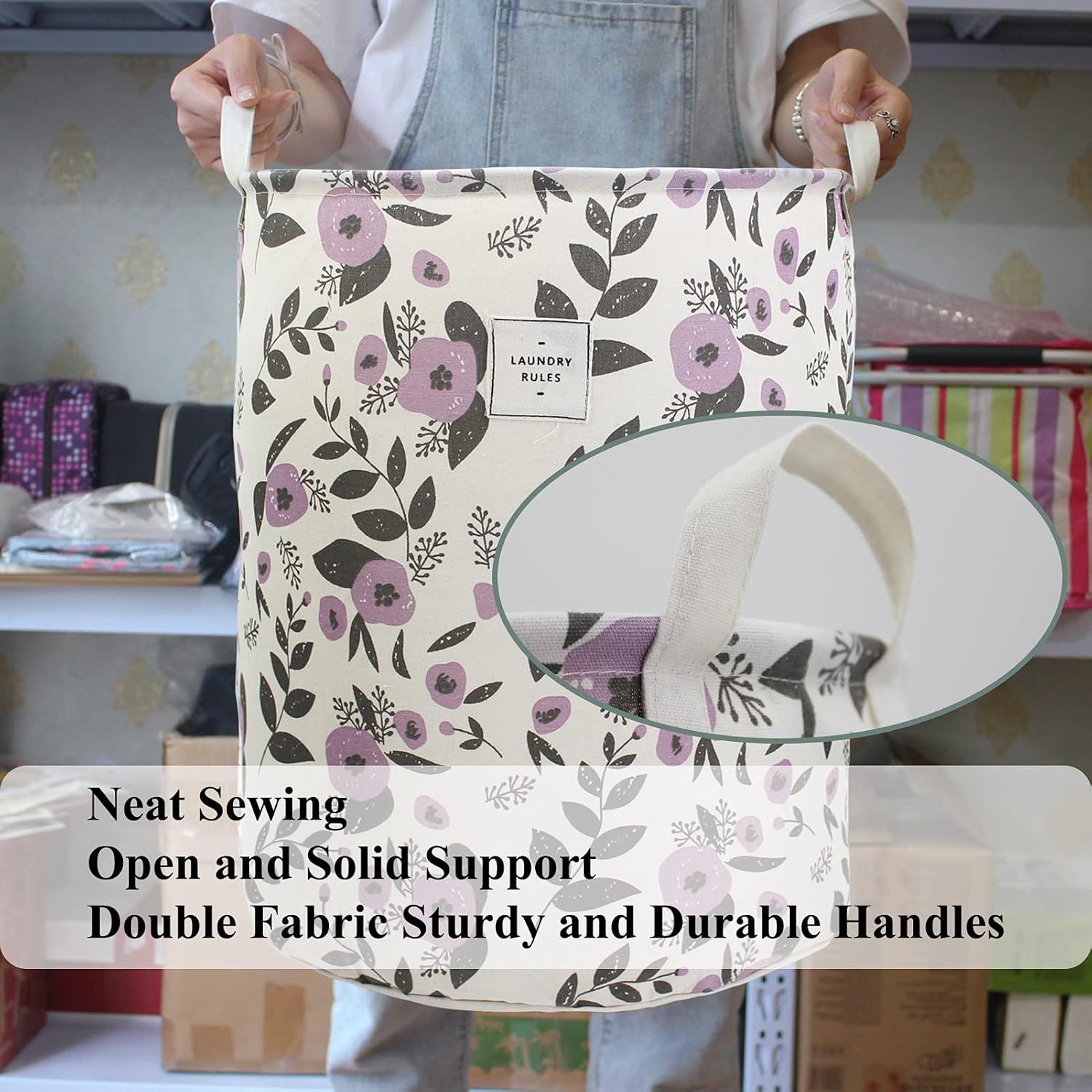 Mziart Collapsible Laundry Basket, Floral Printing Large Laundry Hamper for Baby Girls Kids Toys Clothes Organizer Foldable Storage Bin Waterproof Canvas Nursery Storage Basket with Handles (Purple) - Purple image number 5