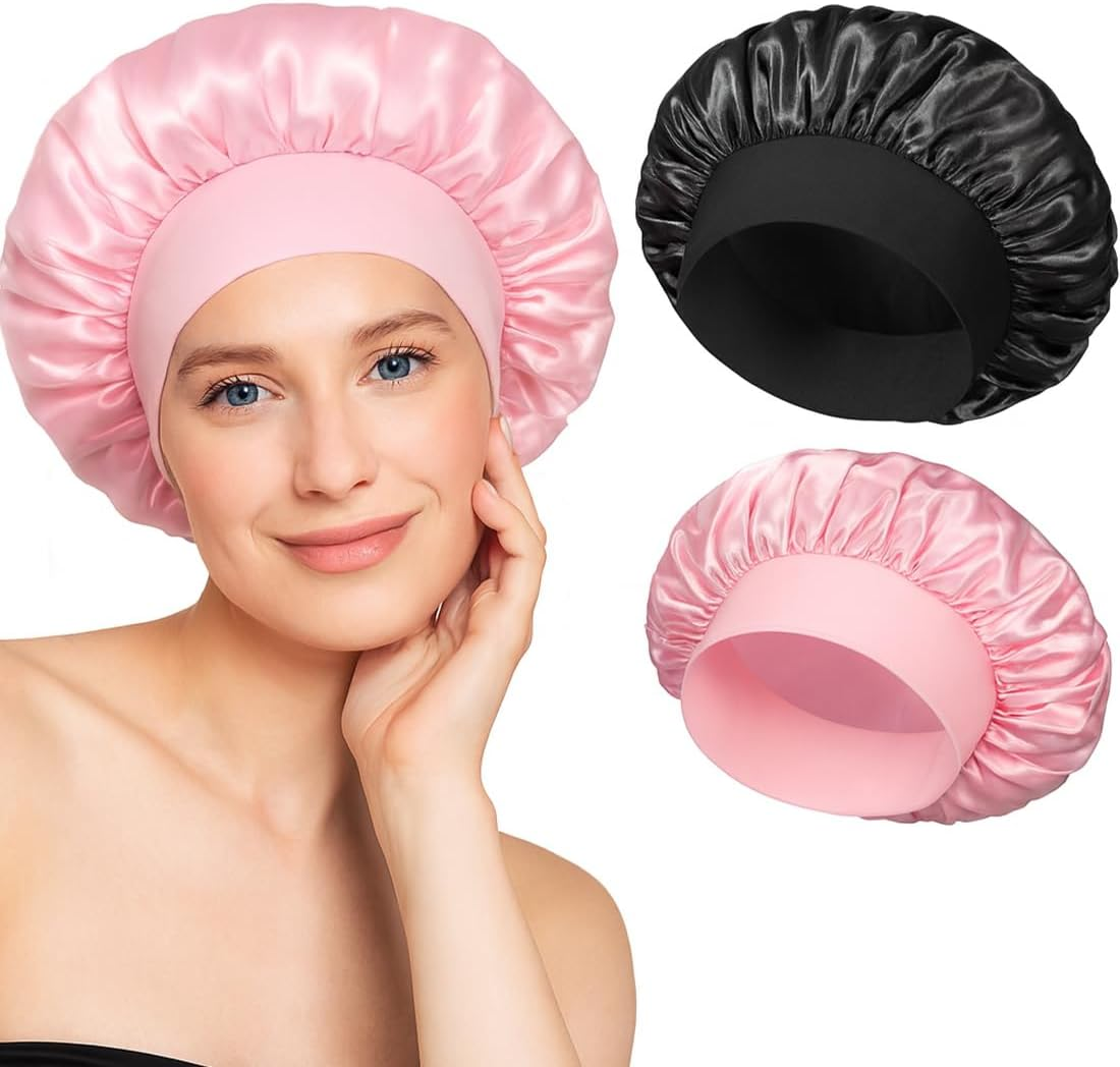 KIRZAX Pack of 2 Silk Bonnet for Sleeping, Silk Bonnet, Satin Hair Cap Bonnet for the Night, Soft Bonnet Sleep Cap, Hair Net for Women and Girls (Black + Pink) image number 1