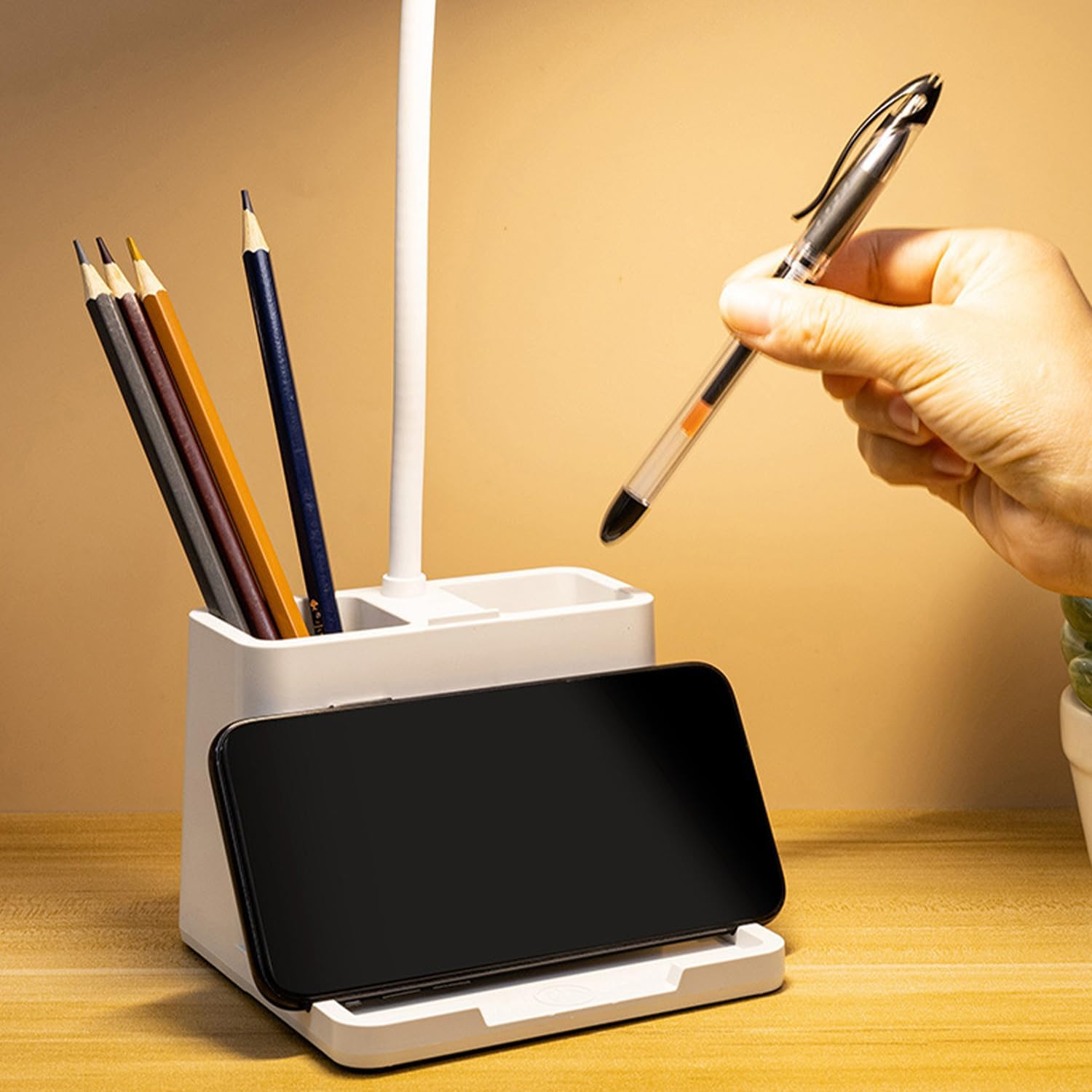 LED Desk Lamp with Stepless Dimming & Touch Switch, Flexible Gooseneck Eye-Caring Table Light, USB Rechargeable with Pen Holder & Phone Holder for Home & Office