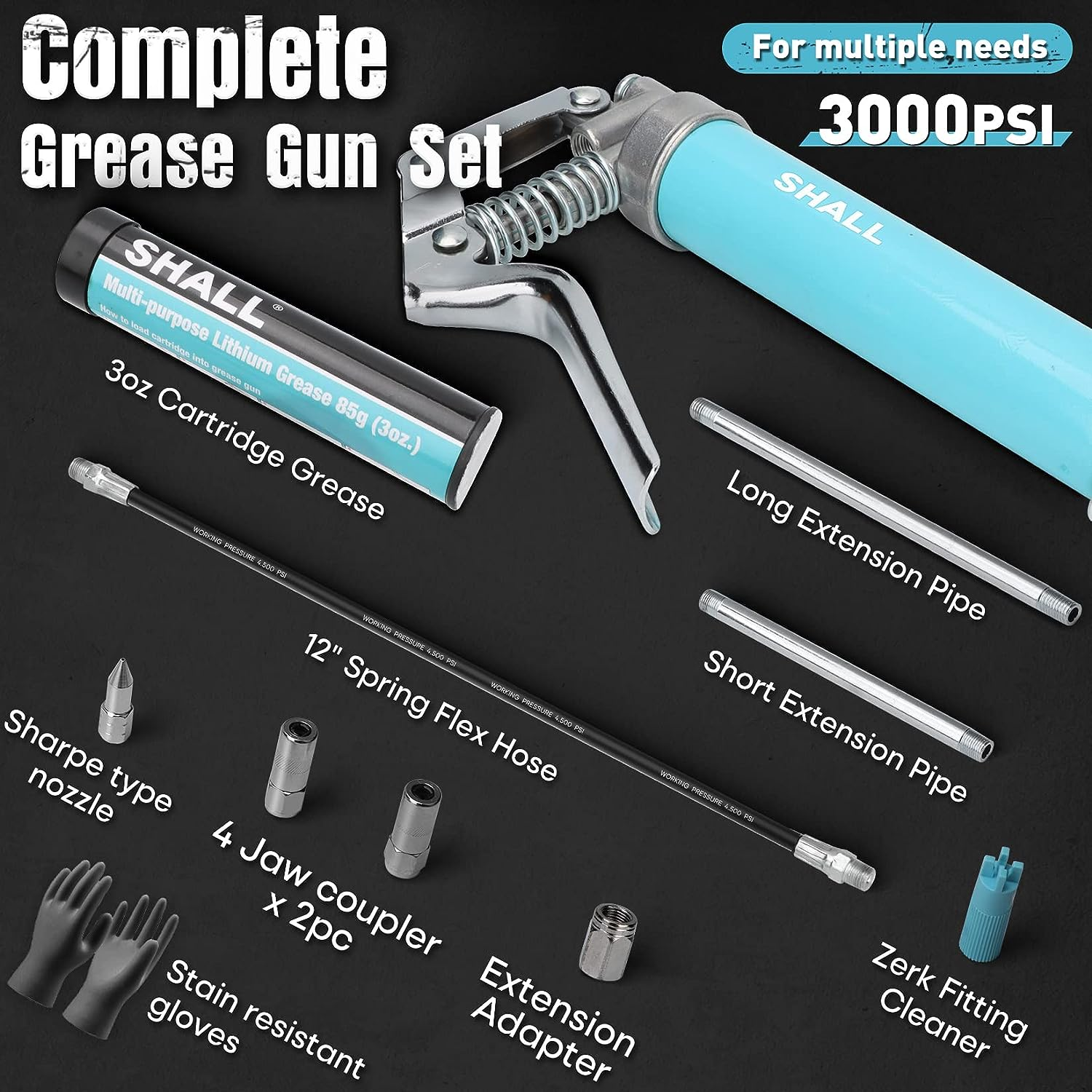 SHALL Mini Grease Gun, Small Grease Gun Kit (3.52OZ Capacity, 3000PSI) with 2PCS 4-Jaw Couplers, Sharp Nozzle, Extension Adapter, 3OZ Cartridge Grease, Reinforced PVC Glove & Zerk Fitting Cleaner image number 4