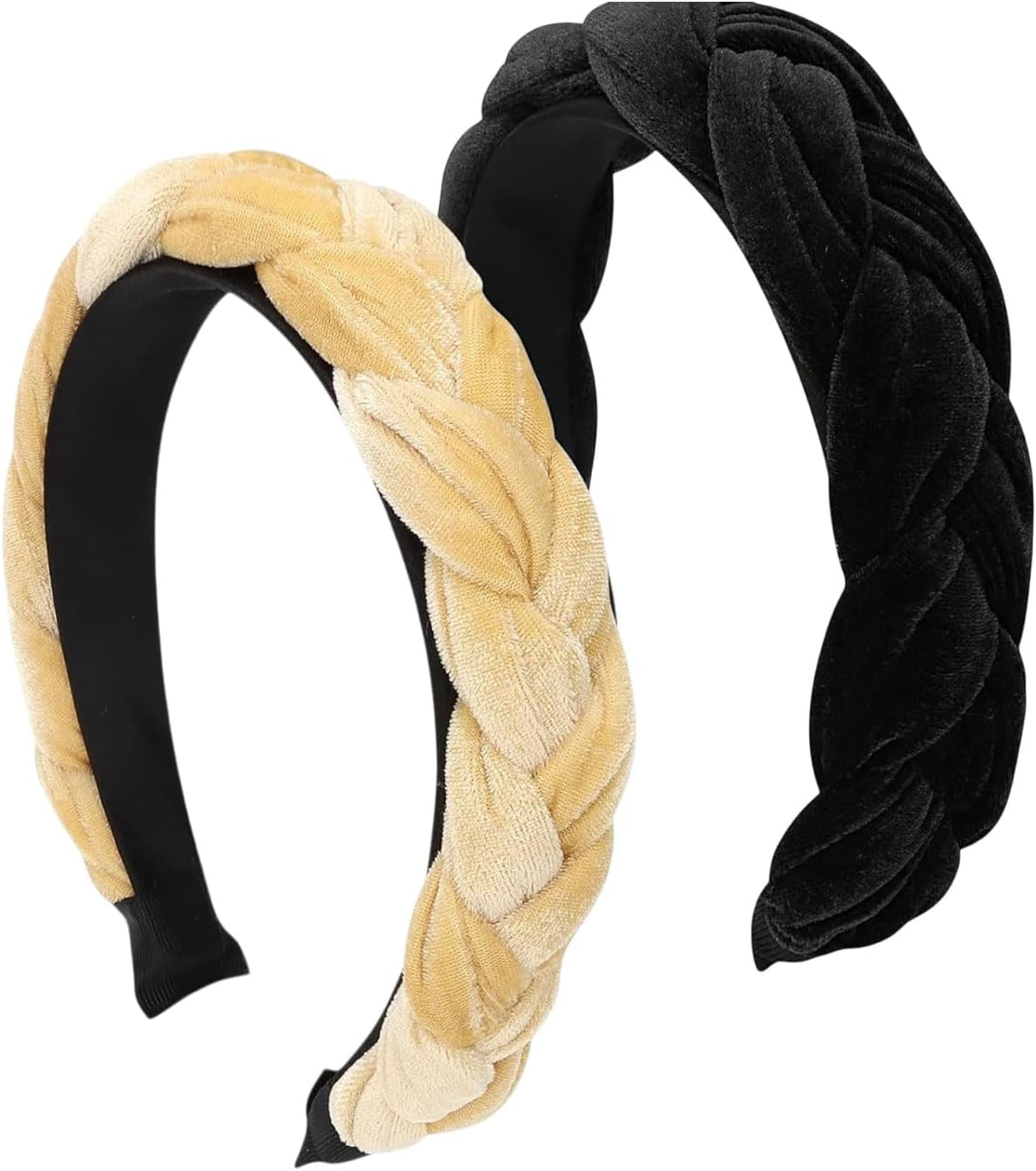 JUKOTA 2 Pieces Braided Headbands for Women, Velvet Headbands, Elastic Criss Cross Hair Bands Accessories, Wide Headband, Vintage Liner, Non-Slip Hair Accessories (Black, Beige)