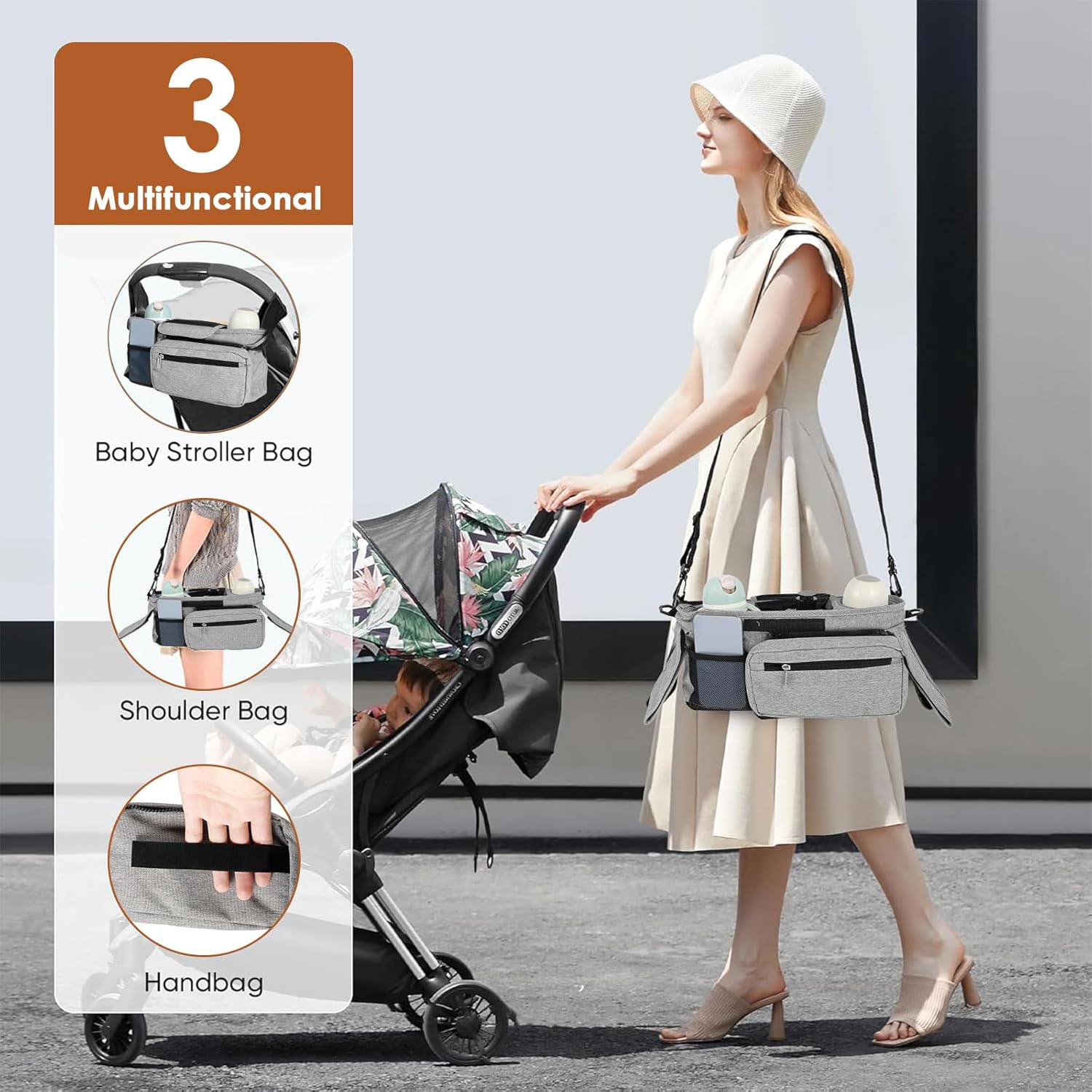 Abizarch Pram Caddy Baby Stroller Organizer with 2 Cup Holder Waterproof Oxford Stroller Caddy Organizer with Detachable Phone Pocket Adjustable Shoulder Strap for Stroller Travel image number 1