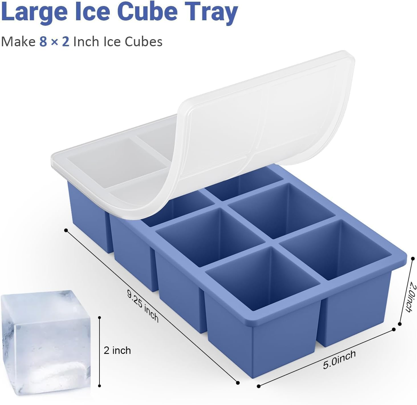 Large Ice Cube Trays, Big Silicone Ice Cube Trays 2Inch - Huge Square Ice Cubed Tray for Drink，2Pcs (Blue)