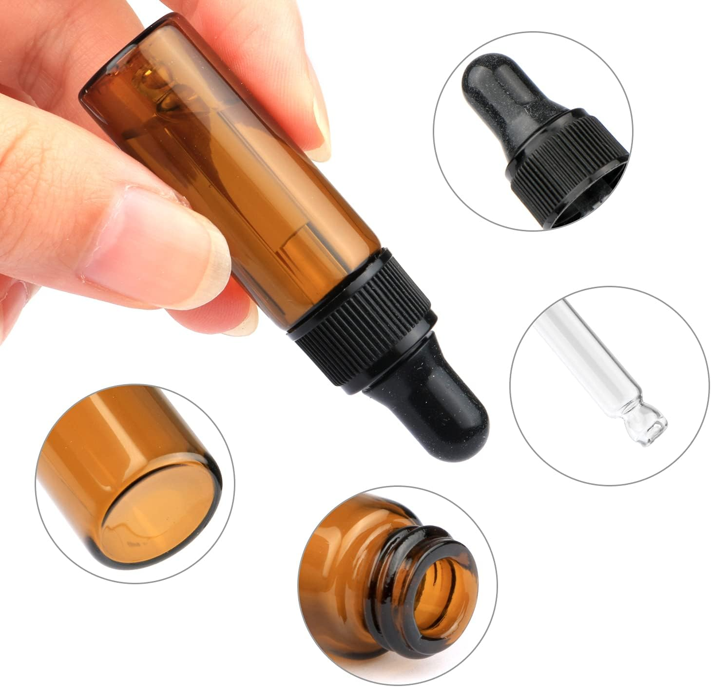 Furnido 5Ml Amber Glass Dropper Bottle,Empty Essential Oil Bottles Glass Vials with Glass Eye Dropper for DIY Aromatherapy Colognes Perfume Liquid Sample Blends Pack of 35-2Pc 2Ml Dropper Included image number 3