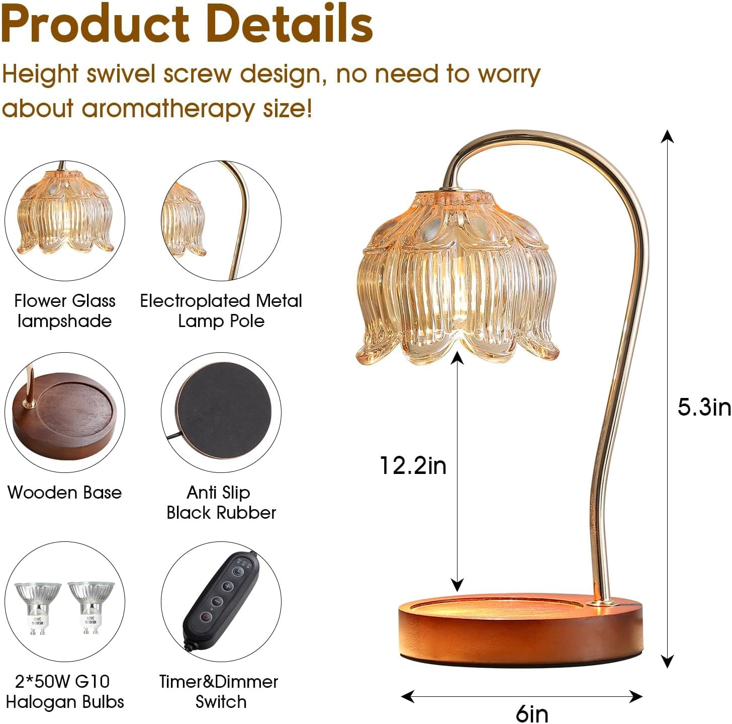 Flower Candle Warmer Lamp with Dimmable Timer for Jar Candles,Vintage Style Lotus Design Bedroom Decor Lamp,Includes 2 Bulbs for Ambient Lighting (Flower) image number 2