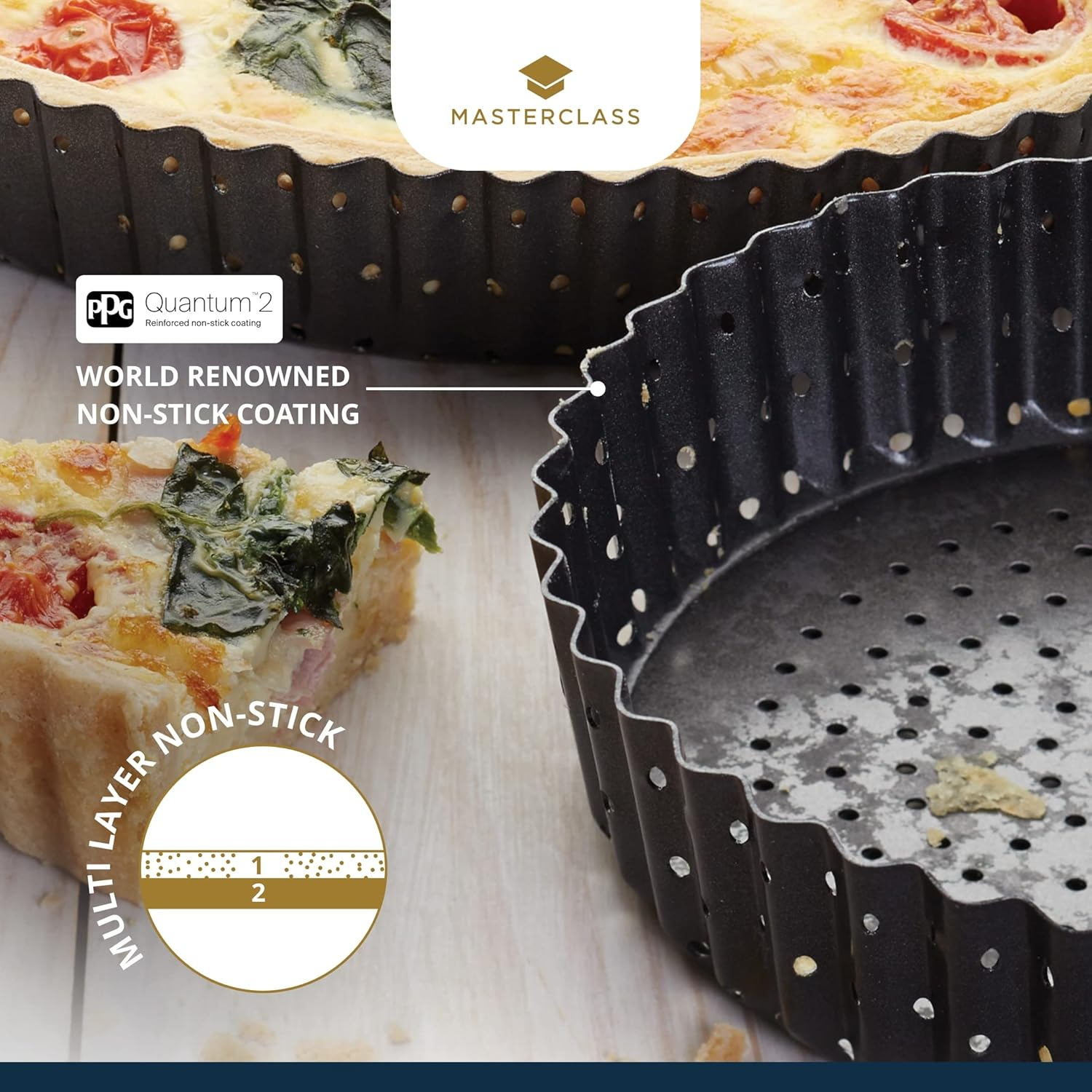 Masterclass Crusty Bake 18 Cm Perforated Quiche Tin with PFOA Non Stick and Loose Bottom, Fluted, Robust 1 Mm Carbon Steel, Grey image number 5