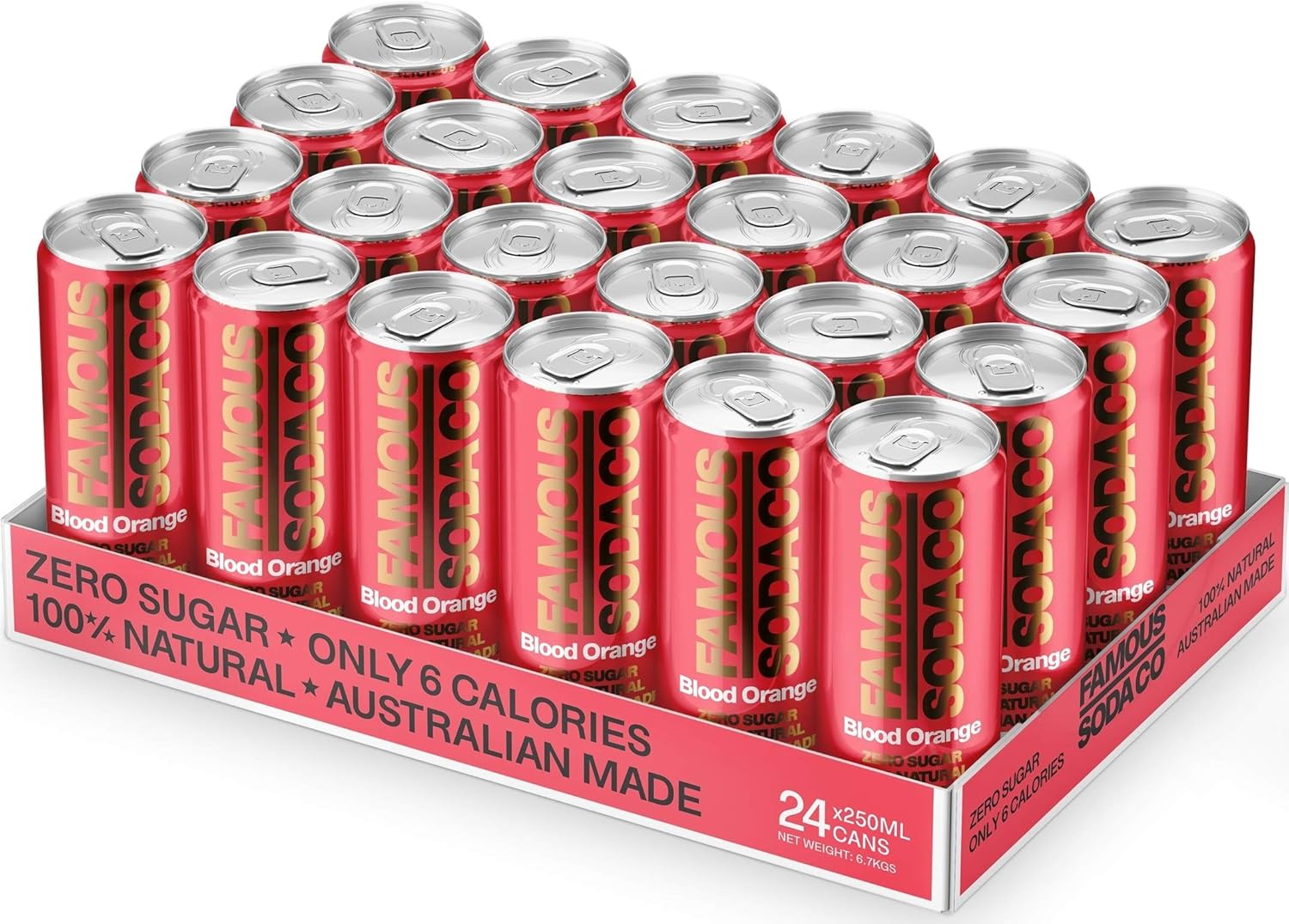 Famous Soda Co Blood Orange 100% Natural 6 Calories Australian Made 24 Cans 250Mls image number 2