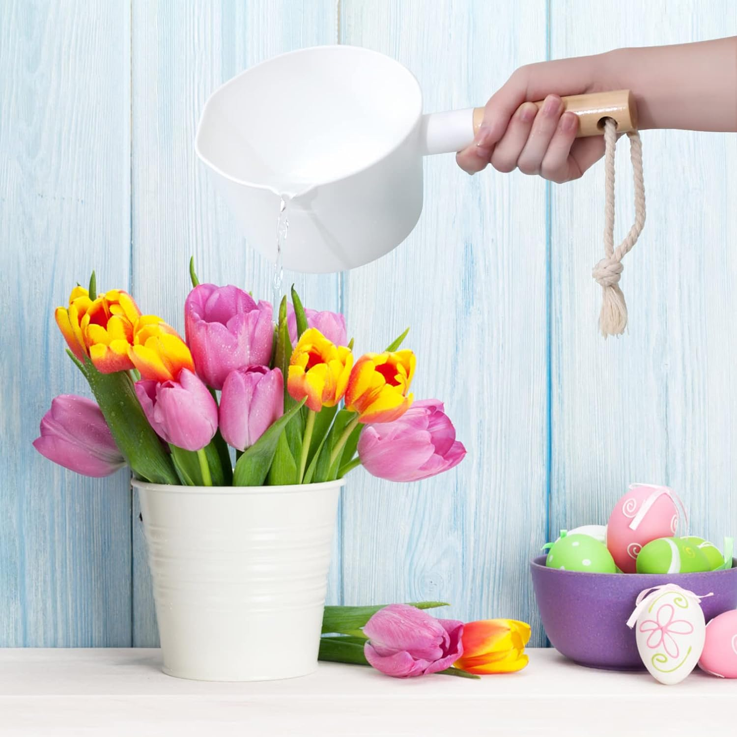 Hemoton Water Ladle Long Handle, Plastic Wood, 16Cm/6.3In Diameter, 14.5In Handle, White, Bathroom Ladle, 1Pc, BPA Free