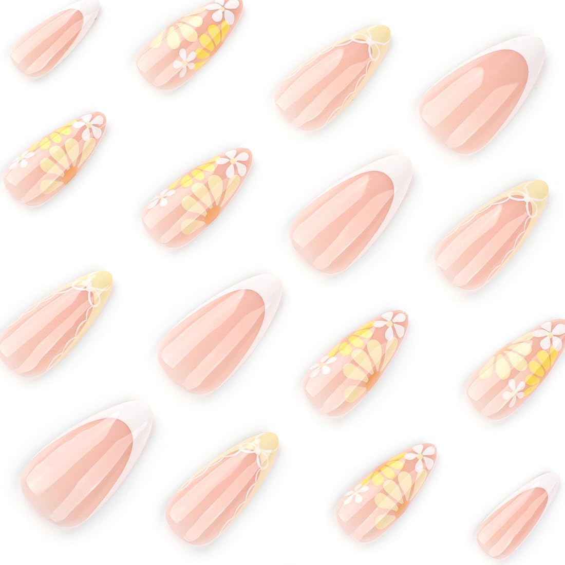 Flowers Press on Nails 24 PCS Medium Almond Fake Nails Glossy French False Nails Summer Nail Tips Full Cover Stick on Nails for Women and Girls image number 1