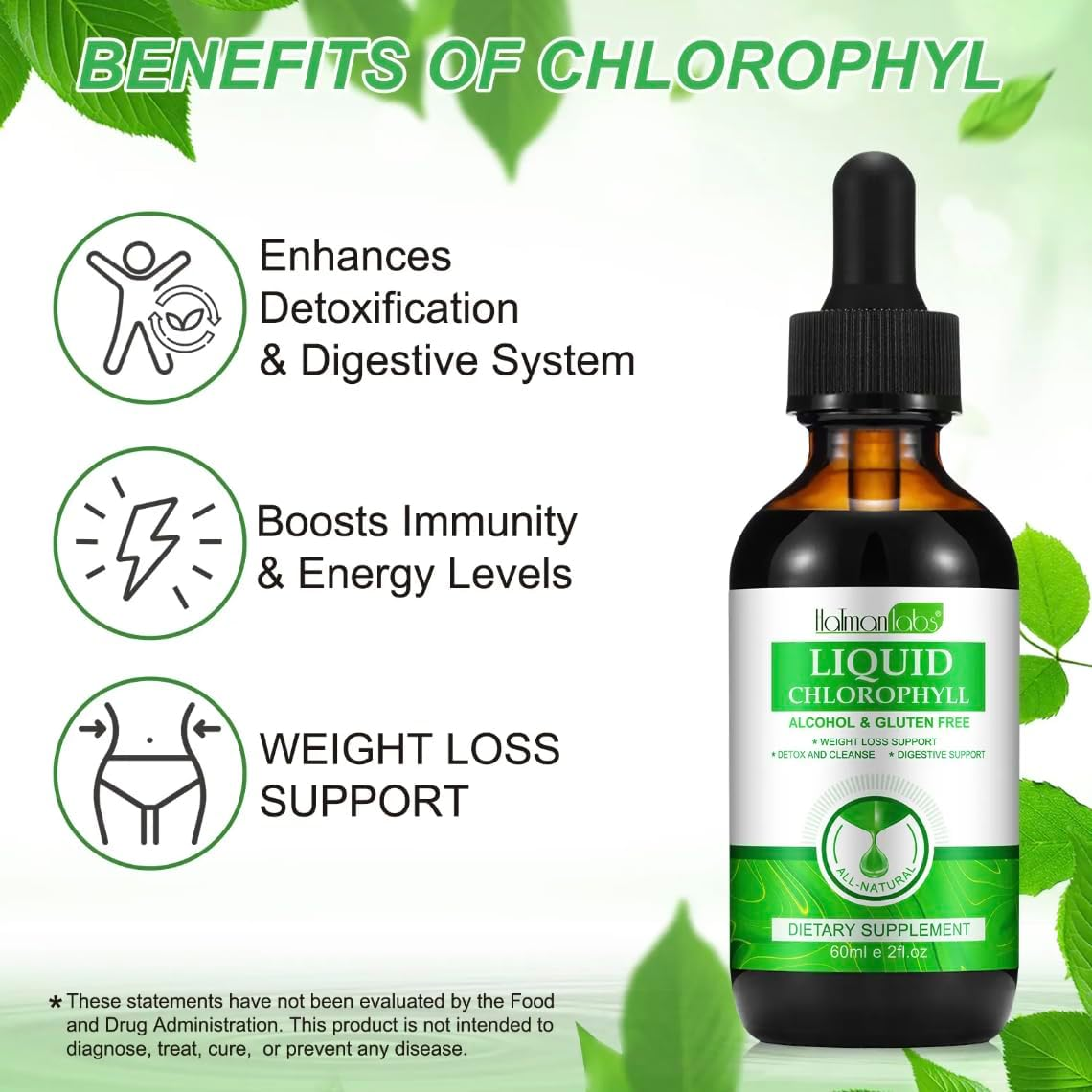 Liquid Chlorophyll Drops - 100% Support Natural Detox & Cleanse - Supports, Energy & Immunity - Internal Deodorant & Antioxidant - Highly Absorbable Vegan Formula - 60Ml image number 3