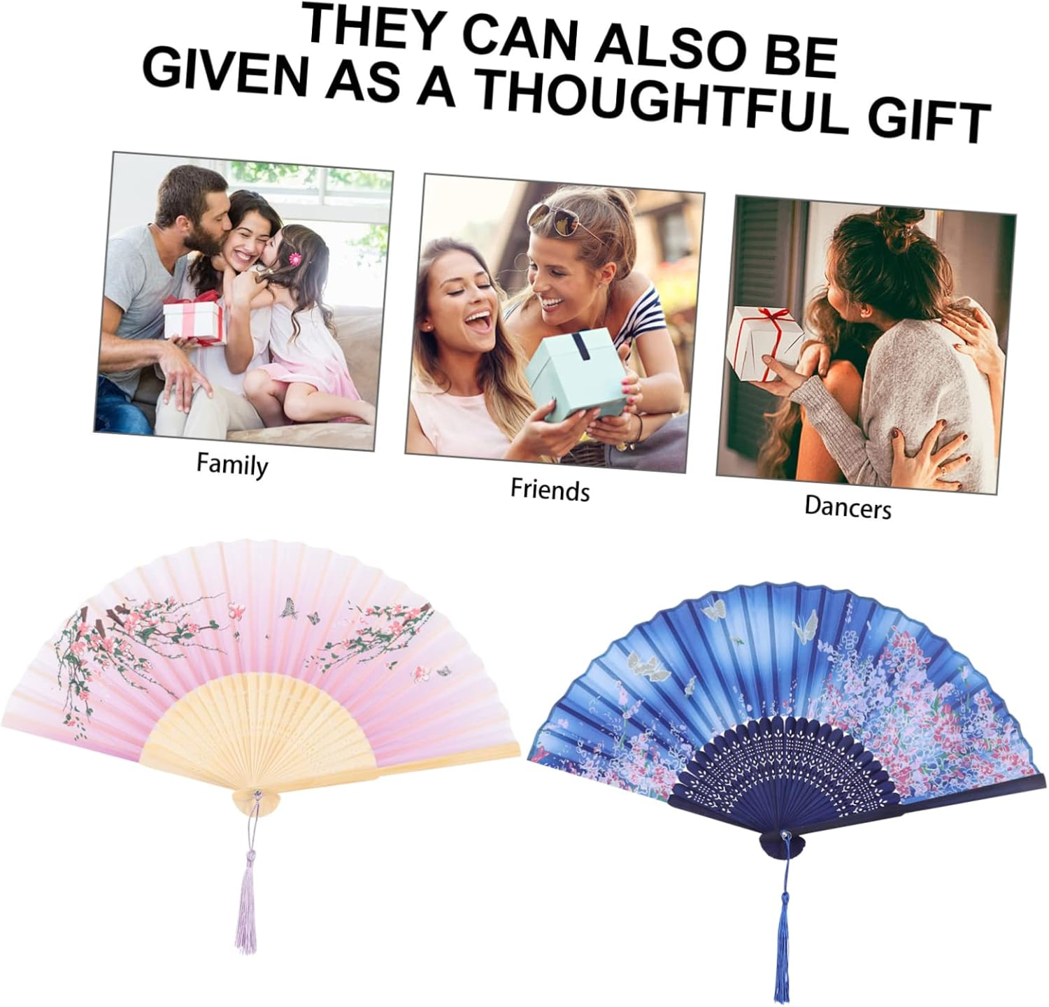 CIMAXIC 2Pcs Bamboo Silk Hand Held Fans Portable Folding Fan for Women Men Decor Stage Performance