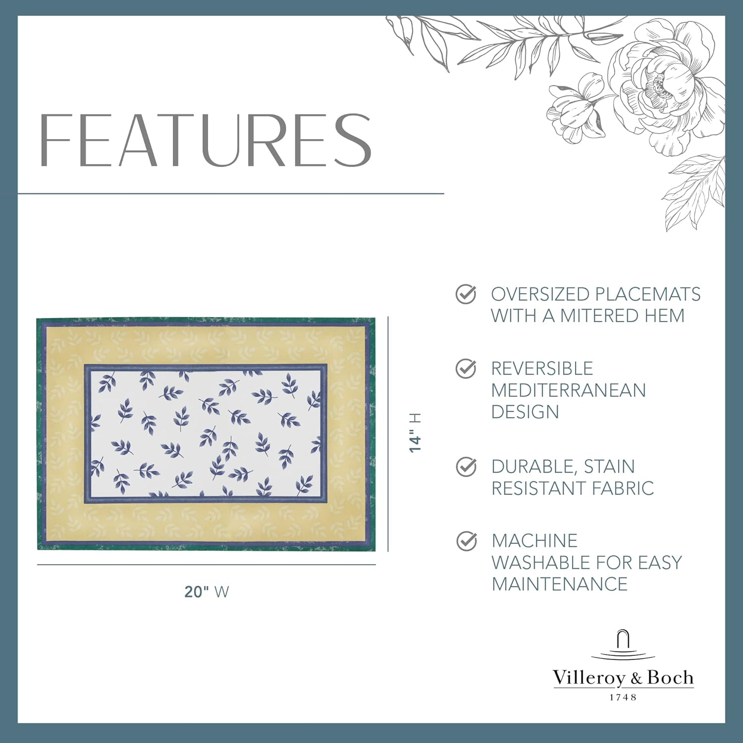 Villeroy and Boch Leaf and Check Cotton Fabric Reversible Placemat, Multicolor, 14"X20" image number 2