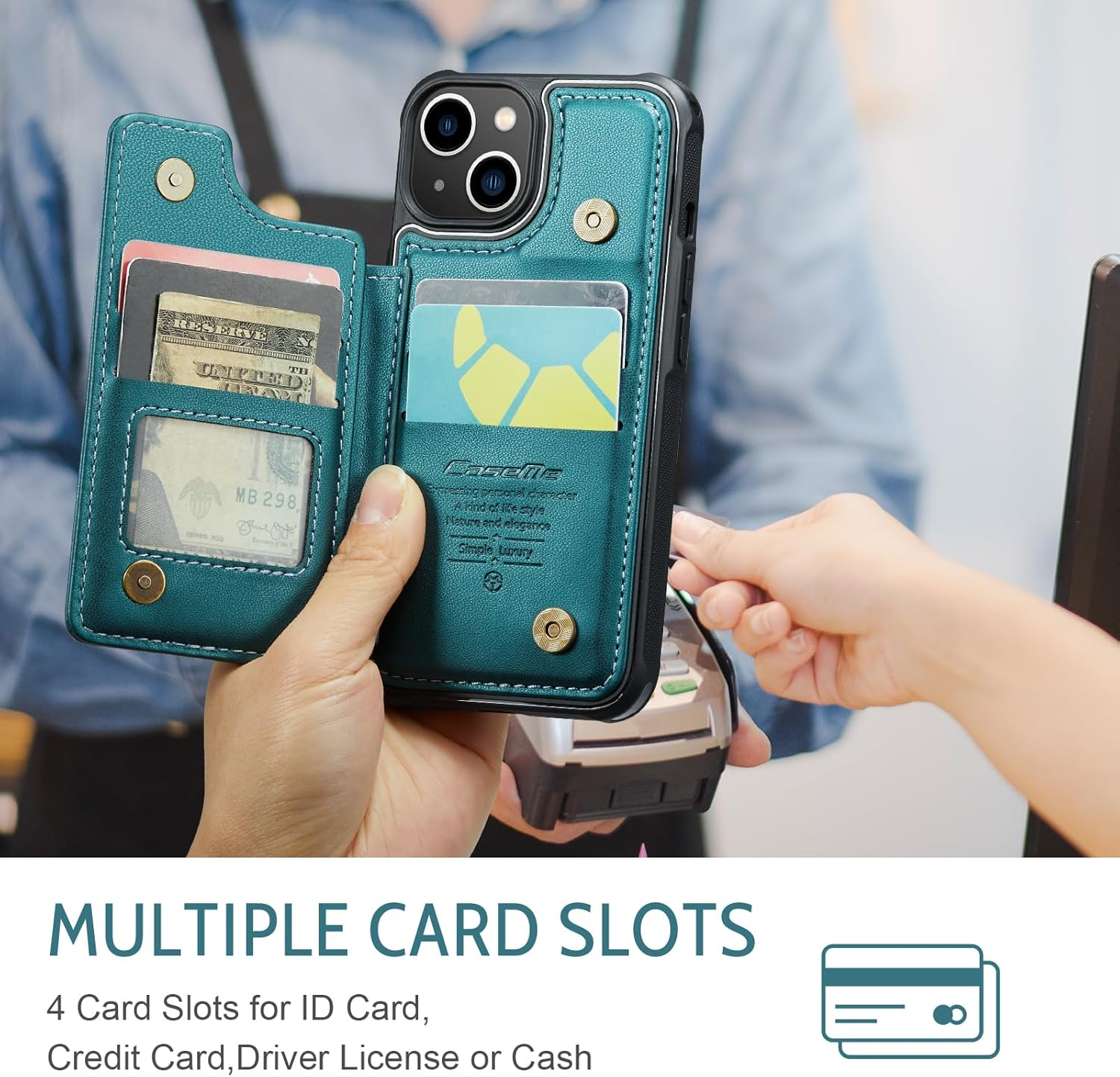 UEEBAI Wallet Case with Card Holder for Iphone 13 6.1 Inch, RFID Blocking Flip Case PU Leather Folio Case Kickstand Card Slots Case Magnetic Clasp Cover Shockproof Case for Women and Men - Green - Brown image number 5