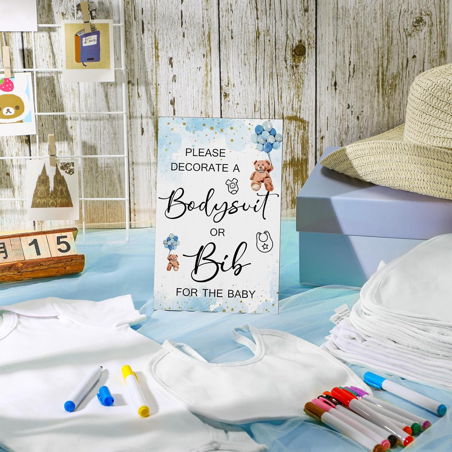 Roowest 35 Pcs Baby Shower Bibs Games Design Wooden Baby Shower Party Game Sign DIY Bodysuit Sign 15 White Blank Feeder Bibs 9 Newborn Bodysuit 10 Markers for Boys Girls(Bear) image number 3