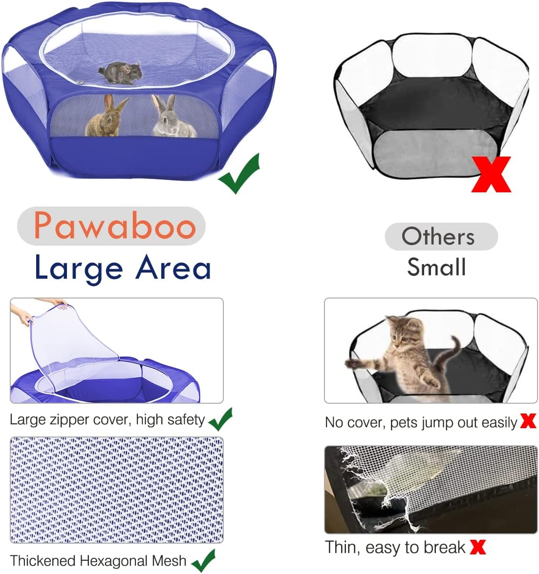 Pawaboo Small Animals Playpen, Waterproof Small Pet Cage Tent with Zippered Cover, Portable Outdoor Yard Fence with 3 Metal Rod for Chick/Kitten/Puppy/Guinea Pig/Rabbits/Hamster/Chinchillas,Indigo image number 3