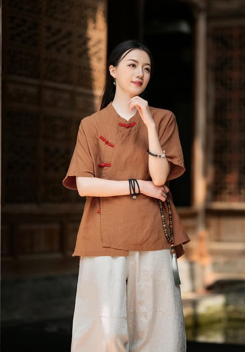 Linen Blouse Women'S Chinese Style Shirt Vintage Boho Zen Tops