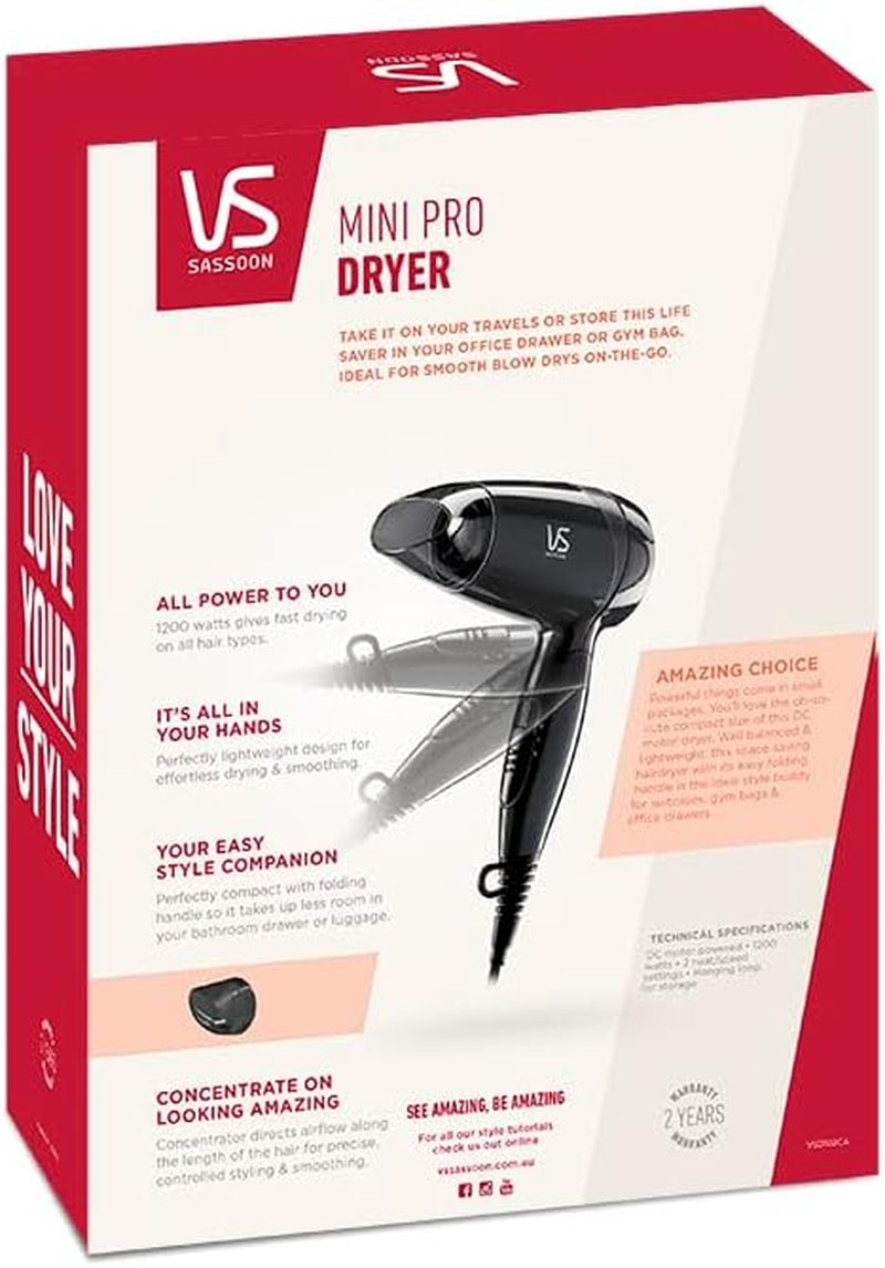 VS Sassoon Mini Pro Dryer, Perfectly Portable, Ideal for Gym Bags & Office Drawers, Lightweight Design for Effortless Drying & Smoothing, with Folding Handle for Space Saving and Easy Storage. image number 2