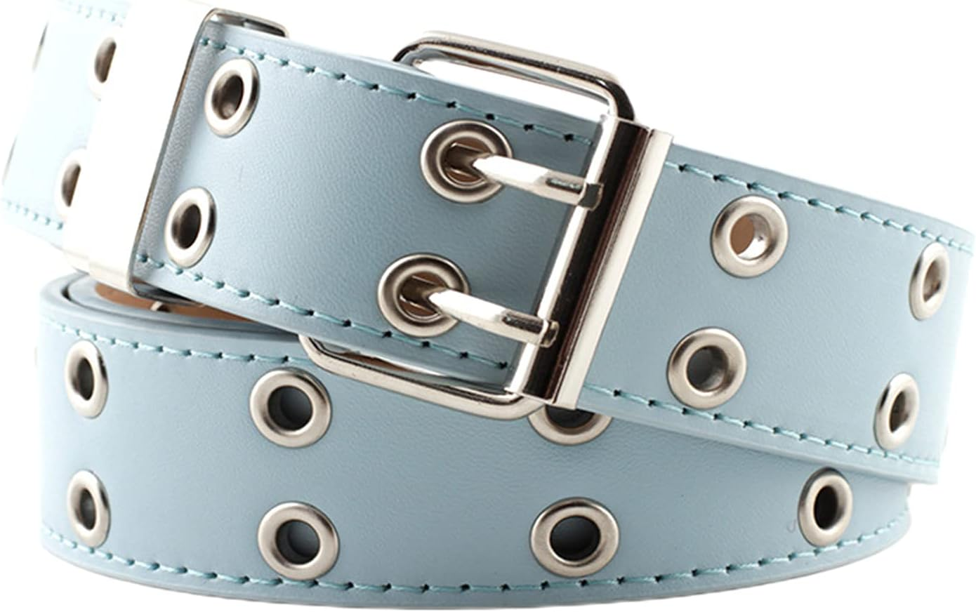Kowaku Double Grommet Belt for Women Men Leather Punk Rock Adjustable Belts Double Prong Buckle Eyelet Hollow Waist Belt