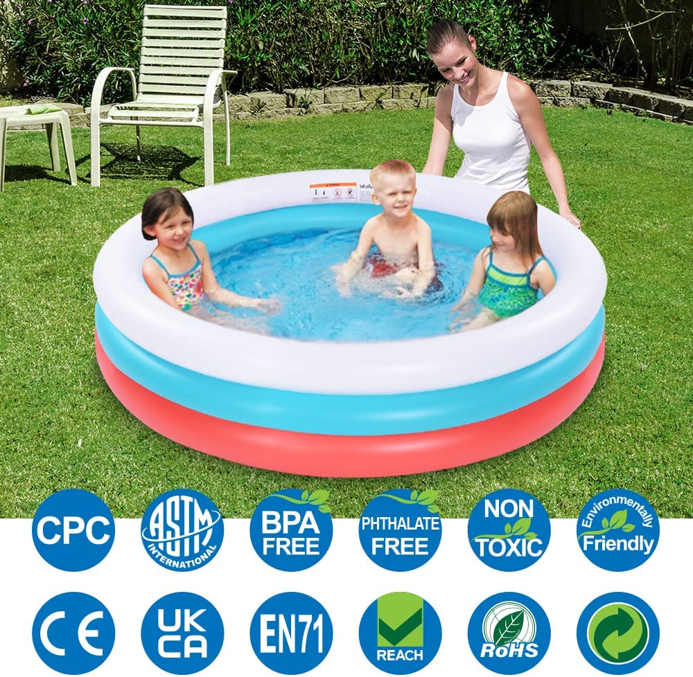 152Cm Inflatable Pool with Soft Floor, 3-Ring Baby Pool, Kids Swimming for Indoor or Outdoor, Big Ball Pit (Red White Blue) image number 3