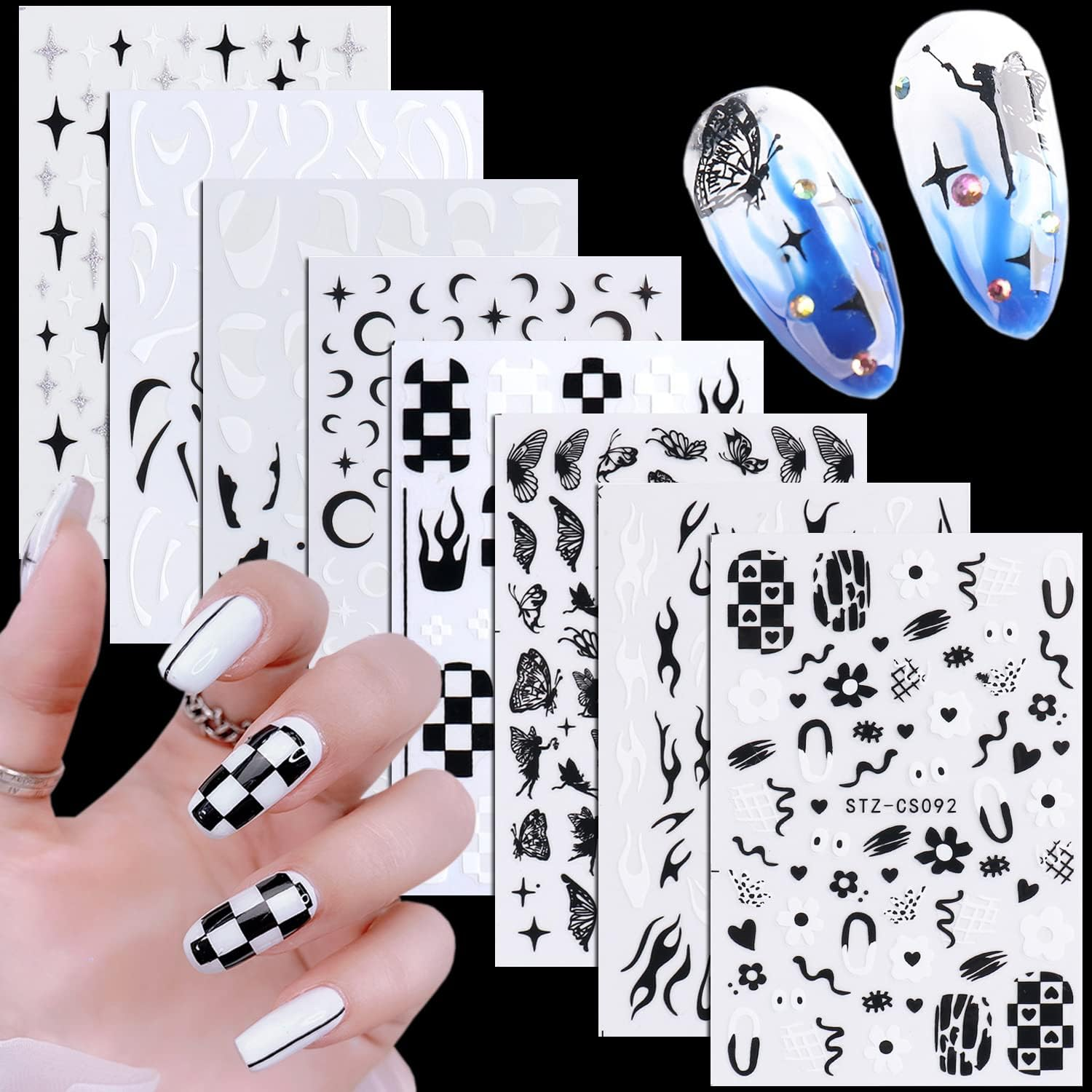Black Nail Art Stickers, Flowers Butterfly Moon Stars Flame Wave Line Nail Art Decals, Holographic 3D Self-Adhesive Nail Sticker Design for Women Manicure Charms Decorations, DIY Resin Transfer Decal image number 3