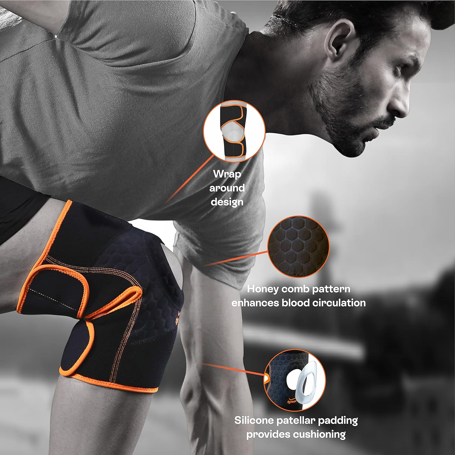 TYNOR Knee Wrap Neoprene Knee Brace Support for Men & Women, Knee Pain, Arthritis, Adjustable Compression Knee Patella Wrap around with Silicon Patellar Padding for Sports, Running, Workout, One Size image number 3