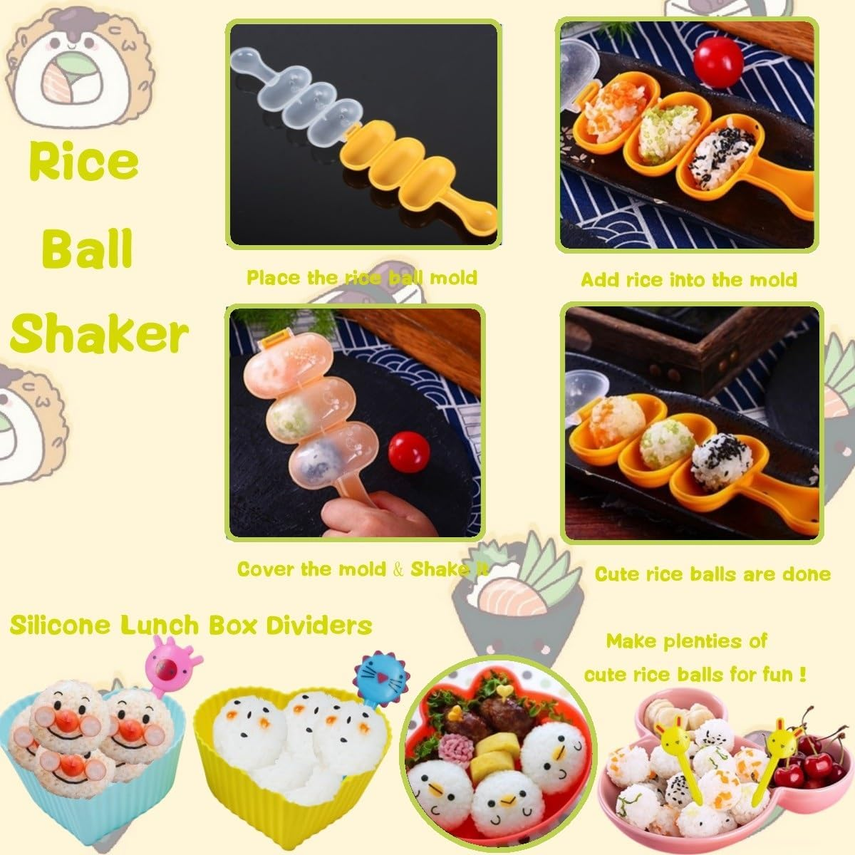 Rice Ball Mold for Kids 21PCS Onigiri Mold Set Cute Animal Sushi Molds Rice Shaper Rice Ball Shaker Bento Box Accessories DIY with Nori Seaweed Punch Cutter Food Picks, SSMJ-H21 image number 2