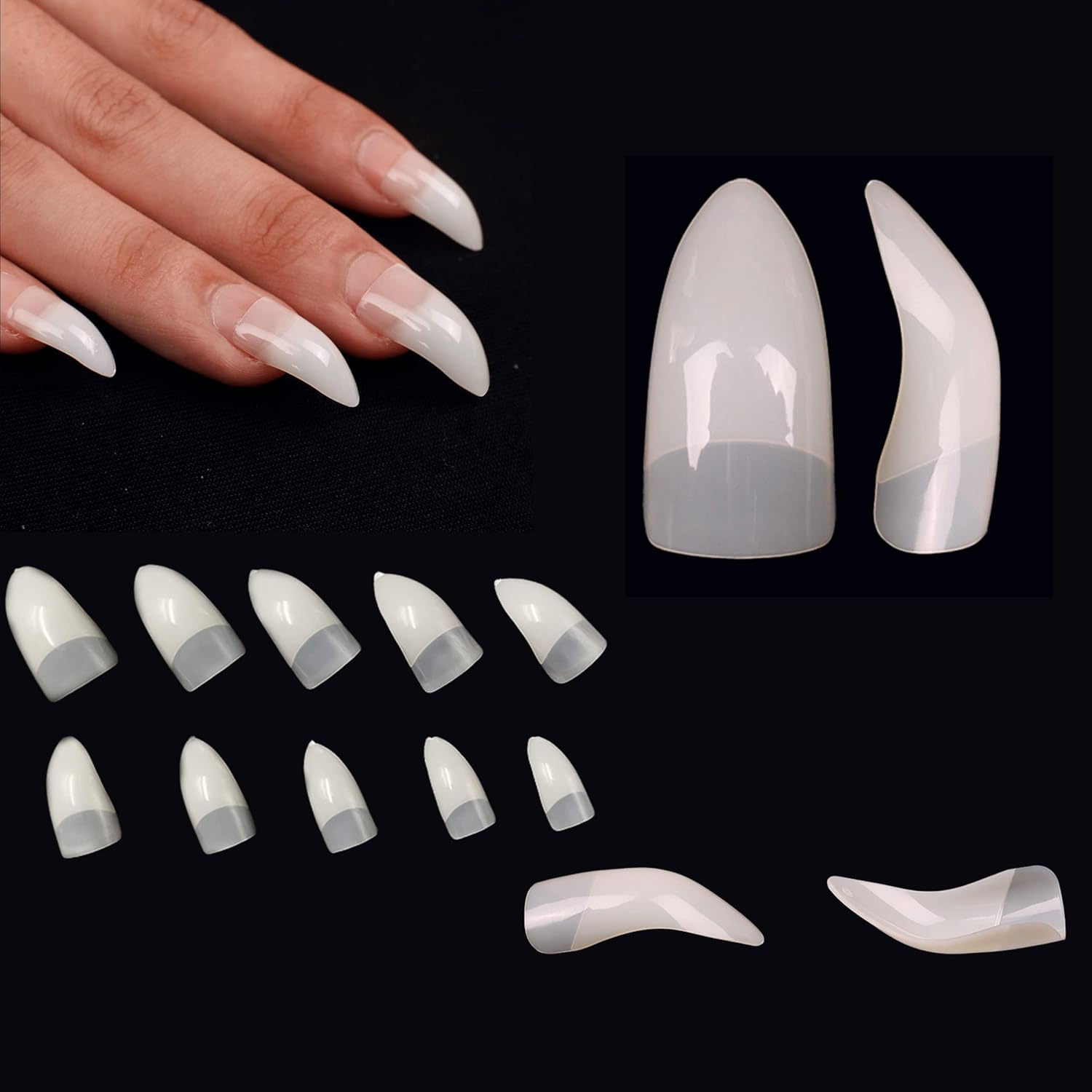 NOVO OVO Halloween 100 Pcs Hawk Curved Natural Color Extra Super Extreme Deep Curve Half Cover Long Square Eagle Claw False Nail Extension Tips Acrylic Nail 10 Sizes Box Packaging Art Salon DIY