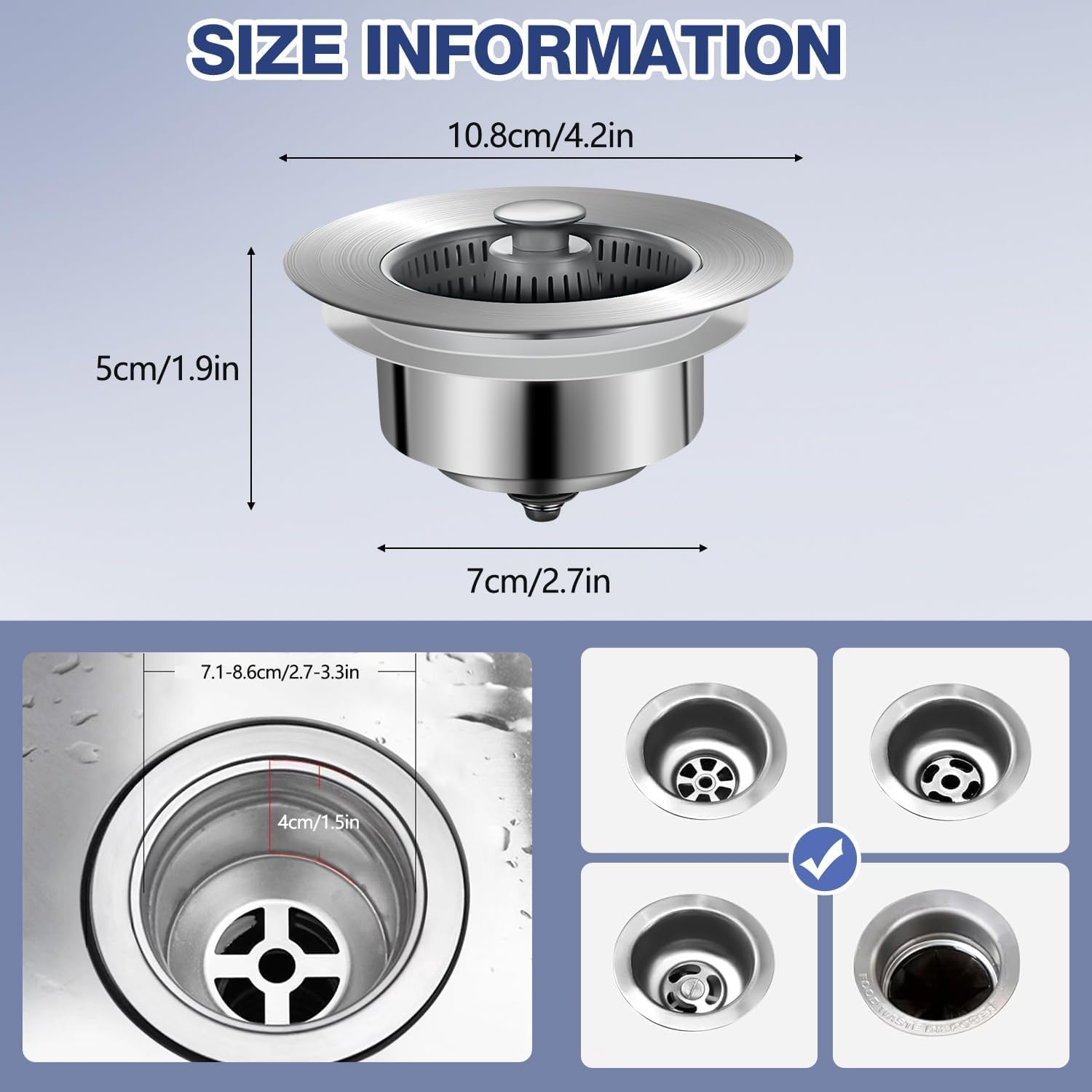 2Pcs 3-In-1 Kitchen Sink Drain Strainer and Stopper Combo - Stainless Steel Pop-Up Sink Stopper with Anti-Clogging Basket - Bounce Core Drain Aid image number 1