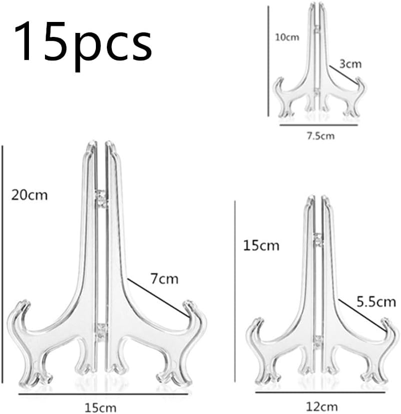 15 Pcs Clear Display Stands, Wanfoou Clear Plate Display Stand, Folding Picture Frame Holder Decorative Easel,For Home Decoration, Clear Plate Holders for Display Picture Artwork (3 Sizes) image number 2