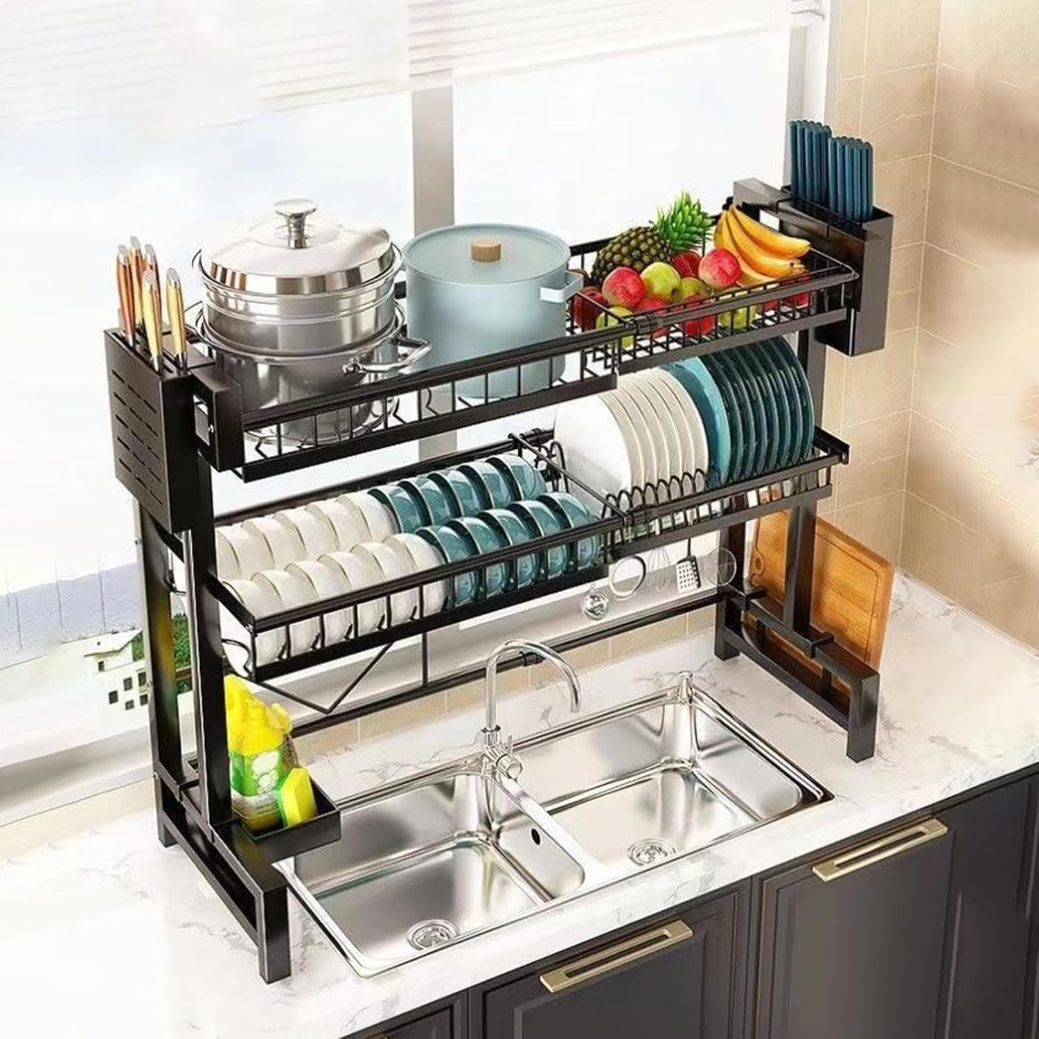 Over the Sink Dish Drying Rack, Telescopic, 2 Tier High Capacity Dish Rack, Kitchen Countertop Storage Rack, Plate Bowl Basin Double Storage Supplies image number 1