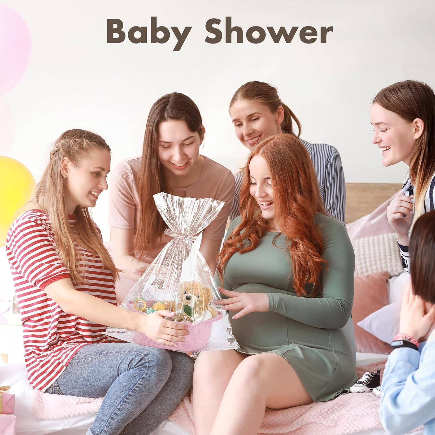 Basket with Gift Bag and Ribbon, Decorative Gift Basket with Handle for Baby Shower Nursery Gifts, Empty Storage Gift Box (Pink) image number 1