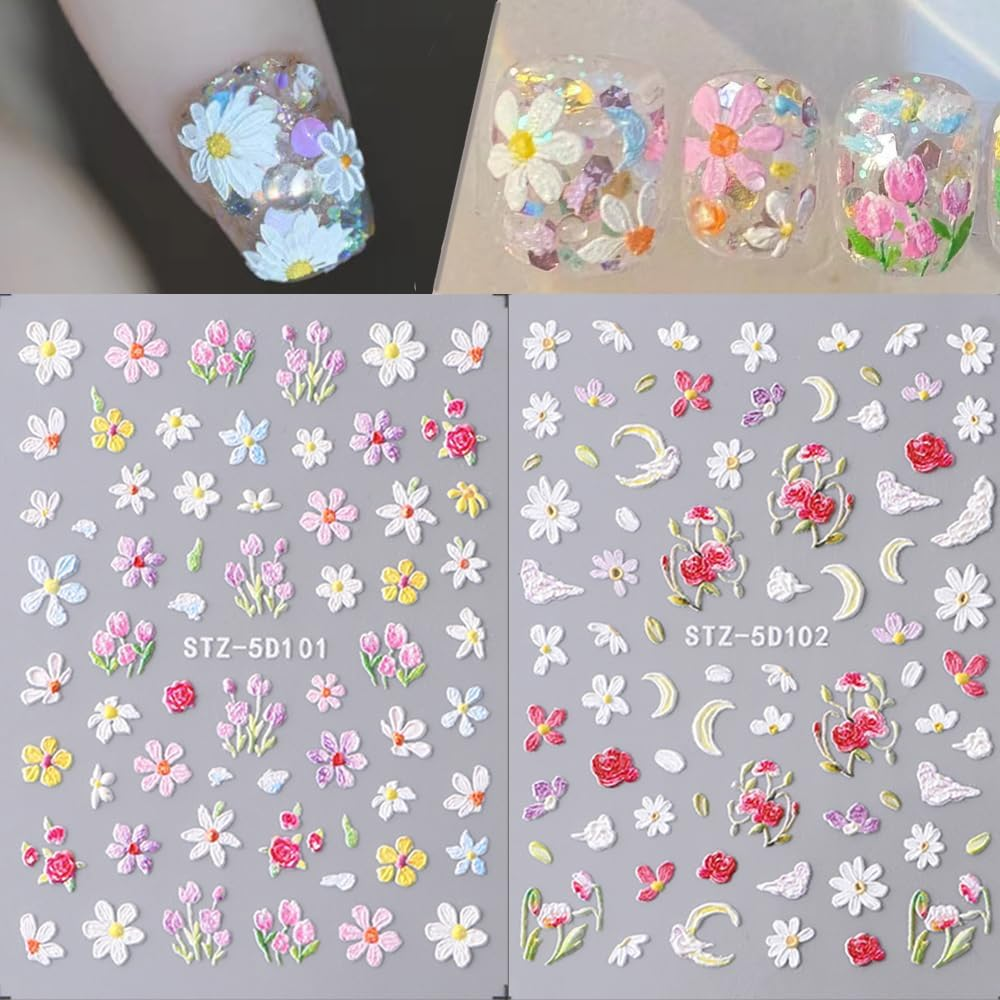 Nail Stickers Self-Adhesive 5D Flowers Nail Art Stickers Pink White Wild Flowers Spring Flowers Nail Sticker 3D Nail Design DIY Manicure Decoration (2 Sheets) image number 1