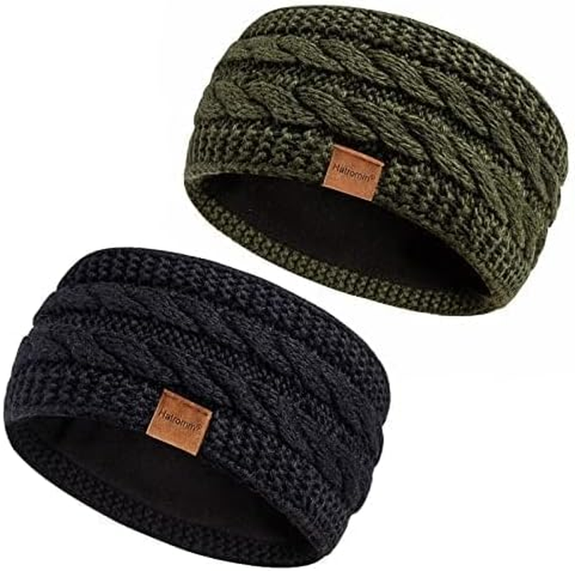Hatromm Winter Headbands for Women Wool 2 Pack, Ear Warmers for Women Headband Knit Thick Fleece Lined(Black+White)