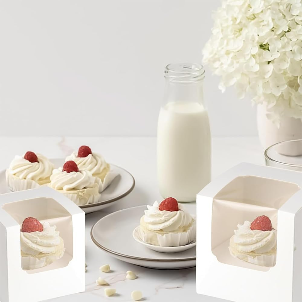 50 Pcs White Cupcake Boxes, Translucent Paper Cupcake Boxes, Cupcake Boxes with Window, Small Dessert Box with Inner Tray, Individual Cupcake Containers, for Wedding, Birthday Party Etc image number 1