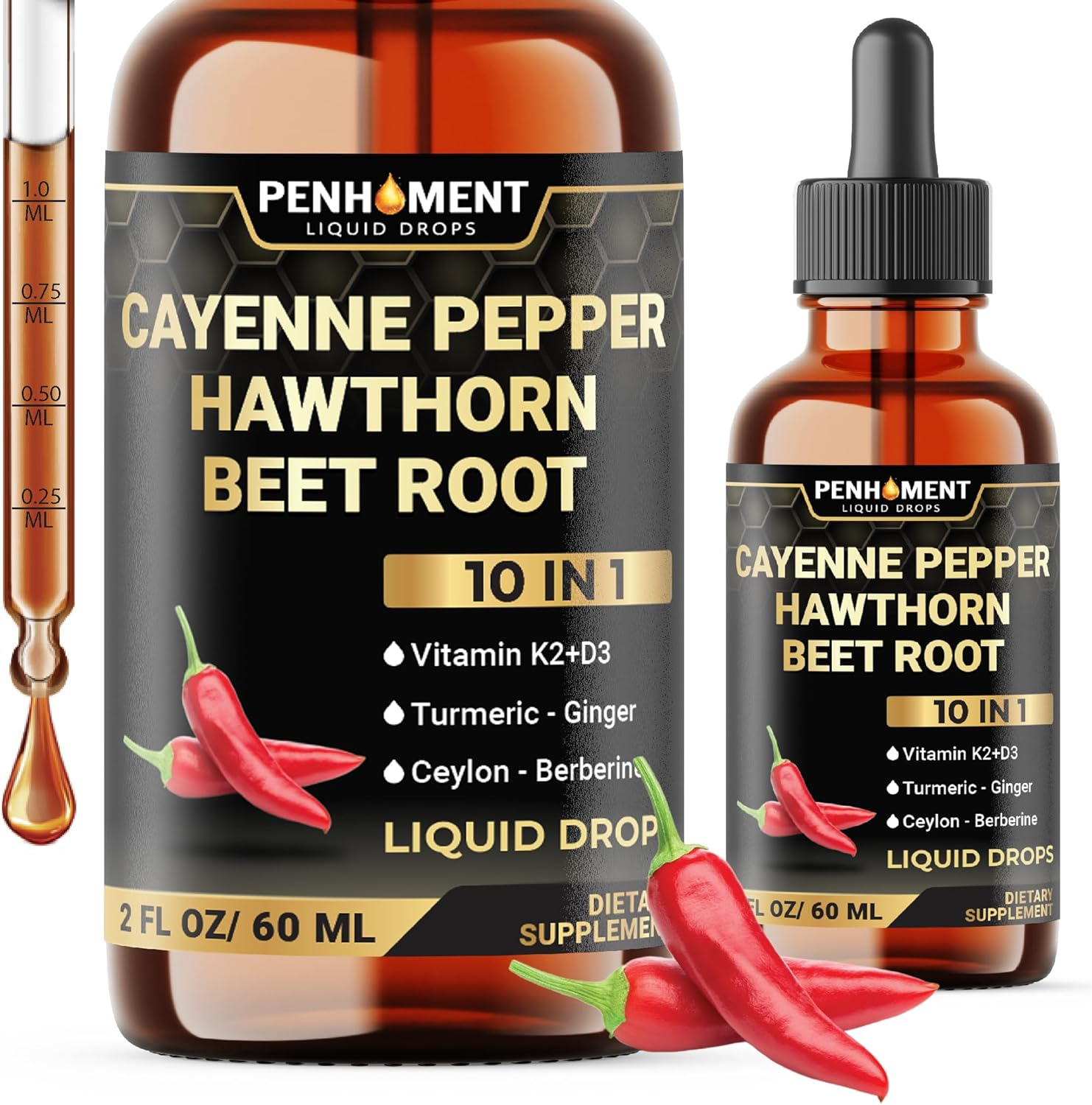 PENHOMENT 10In1 Cayenne Pepper Liquid Drops + Hawthorn Berry, Vitamin D3, Vitamin K2, Beet Root, Turmeric, Ginger and More - Digestion Support - 2 Fl Oz - 2 Months Supply image number 3