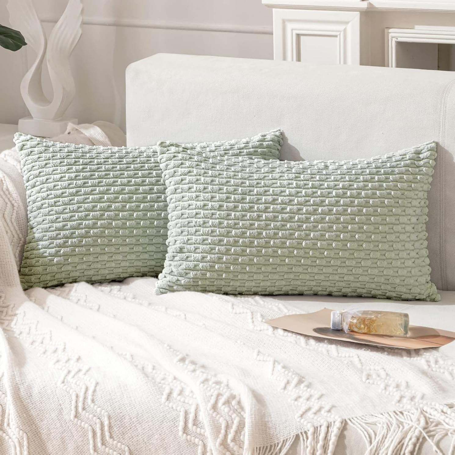 2Pcs Cushion Covers 30Cm X 50Cm, Corduroy Decorative Throw Pillow Covers Soft Boho Striped Pillow Case Modern Farmhouse Home Decor for Sofa Living Room Couch Bed (Khaki, 50Cmx30Cm)