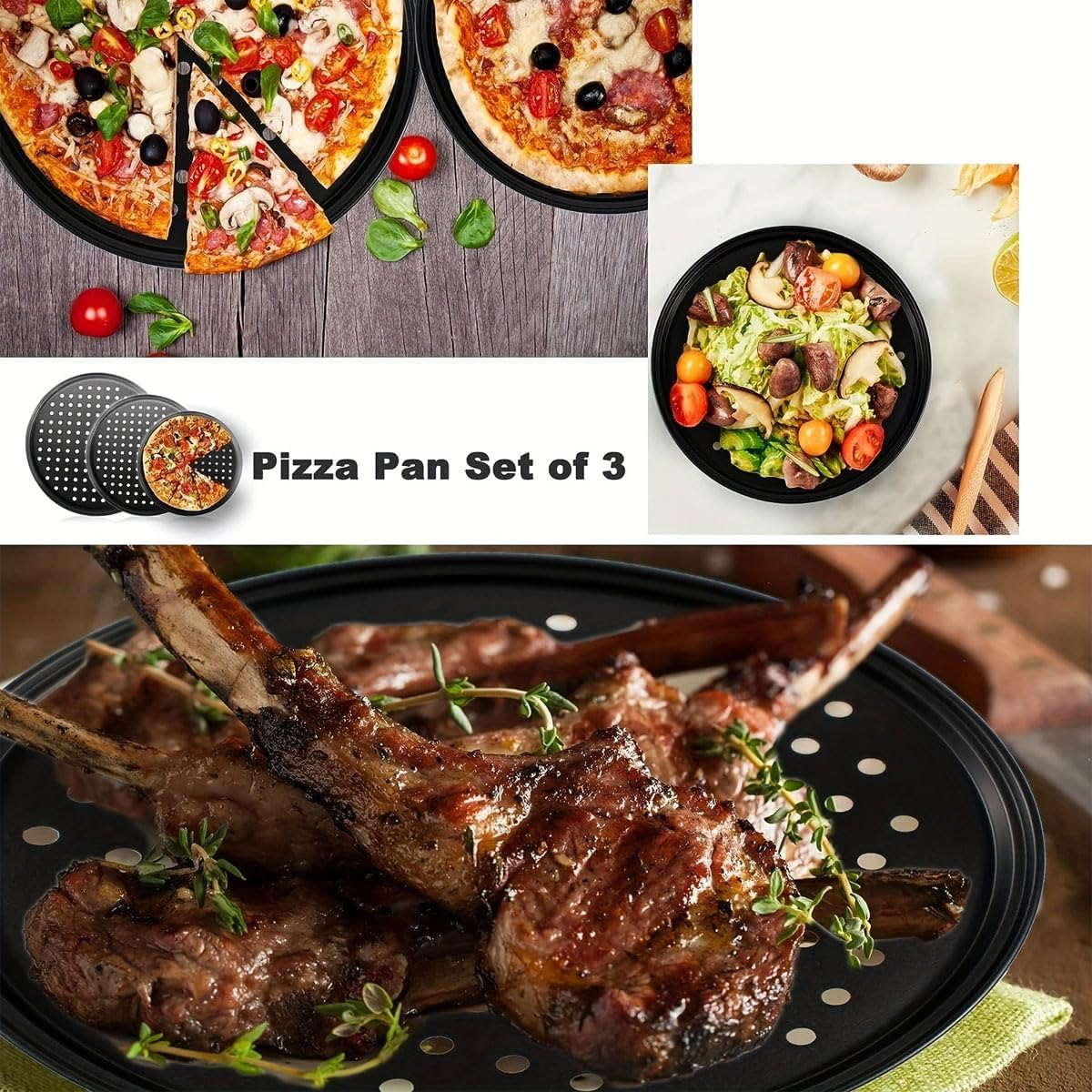 AIMALL 3-Piece Carbon Steel Pizza Pan Set - round Perforated Baking Tray with Airflow Holes, Non-Stick Crisper Pan for Even Heating, Restaurant-Grade for Oven/Grill (9.44", 10.23", 11.02") image number 5