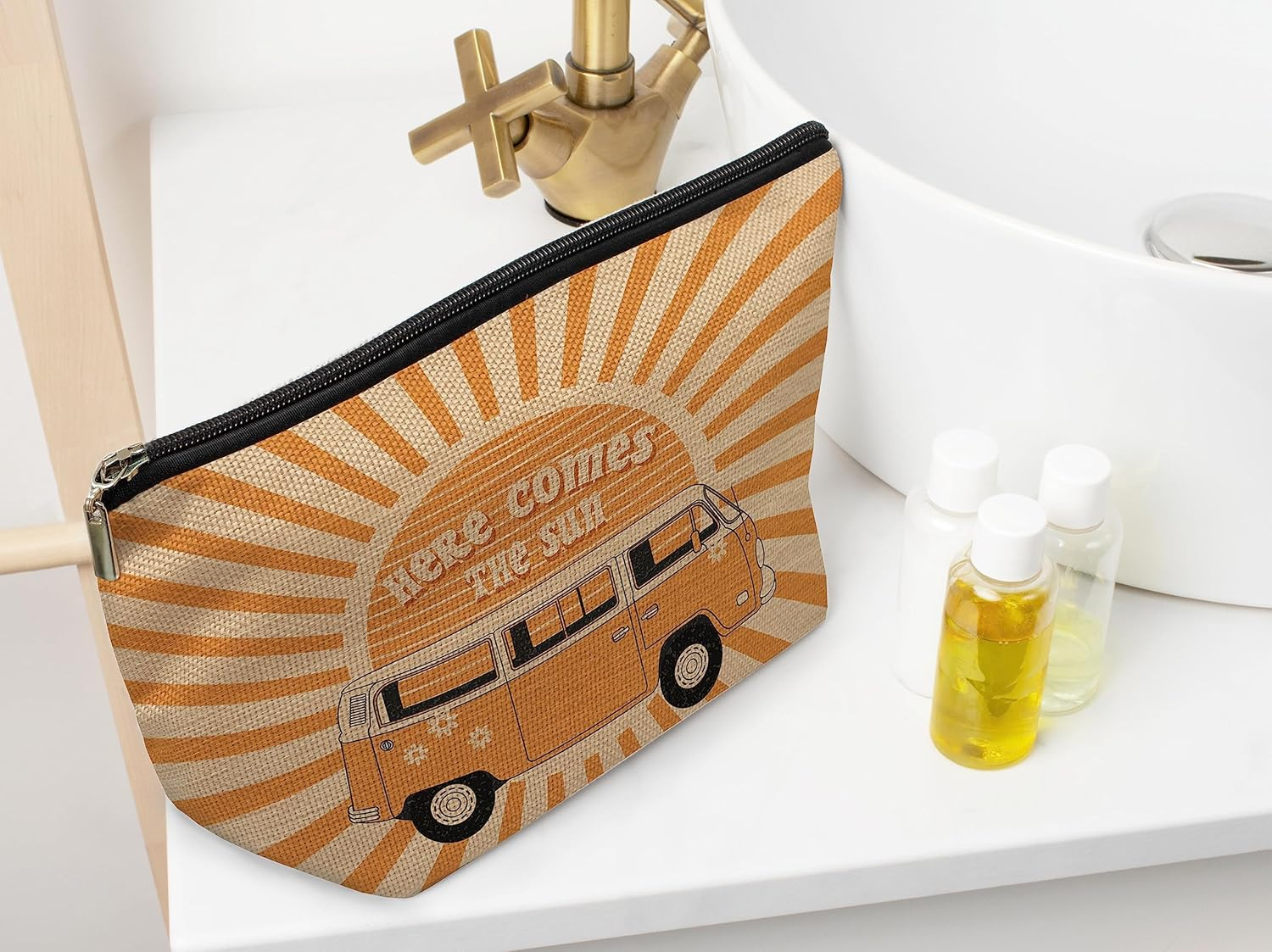 Ayxvt Here Comes the Sun Retro 70S Hippie Orange Bus Sunshine Ray Cosmetic Bag Decorative Women'S Makeup Bag, Yellow image number 1