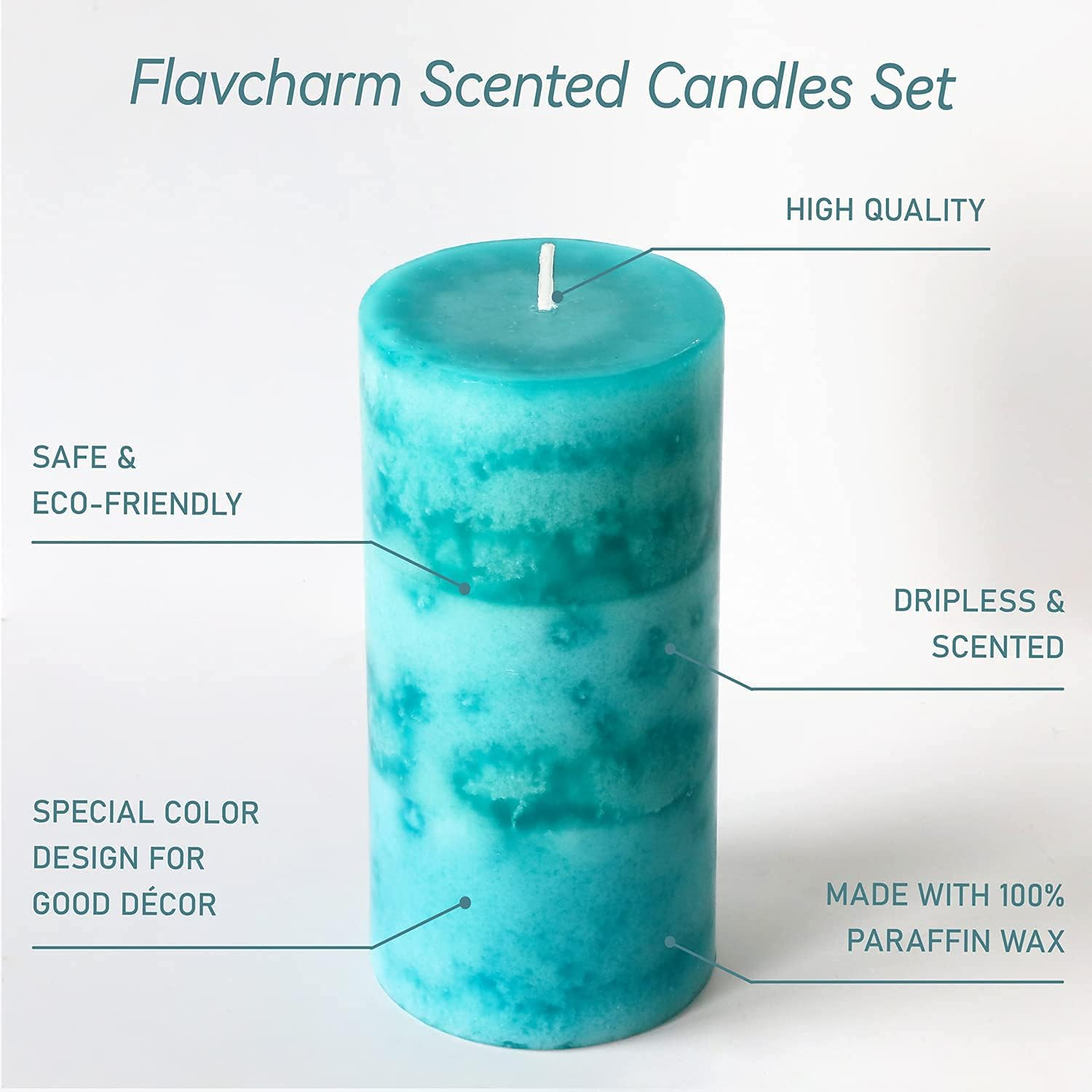 FLAVCHARM Pillar Scented Candles, Ocean Breeze, 3 Pack Teal 3X6 Inch Long-Lasting Clean Burning, Turquoise for Home D&eacute;cor, Bathroom, Wedding Decorations image number 6