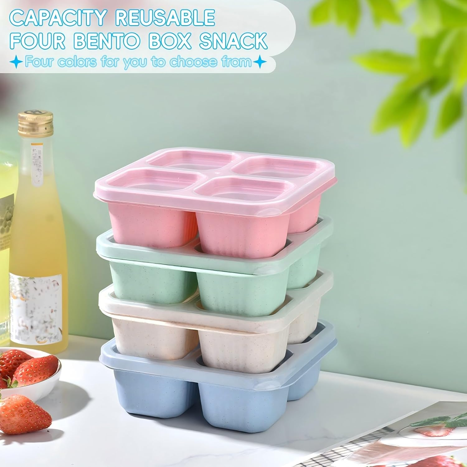 4 Pack Reusable Bento Snack Box, 4 Compartments Meal Prep Lunch Containers for Kids Adults, Containers with Transparent Lids for School, Work and Travel image number 3