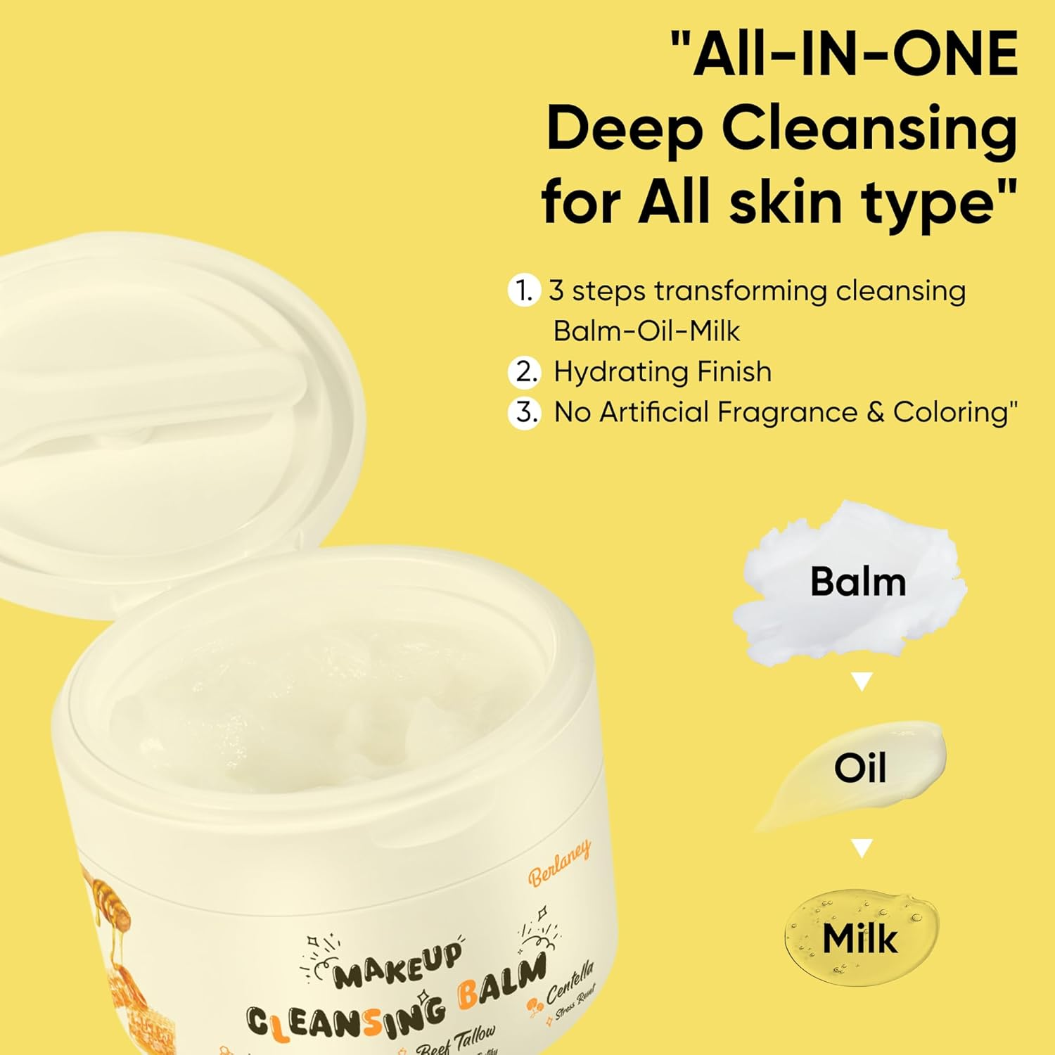 Berlaney Makeup Remover Balm, with Manuka Honey & Centella Asiatica, Soothing Cleansing Balm with Beef Tallow for Dry, Sensitive Skin, Deep Cleanse & Moisturize, 3.53 Oz image number 2